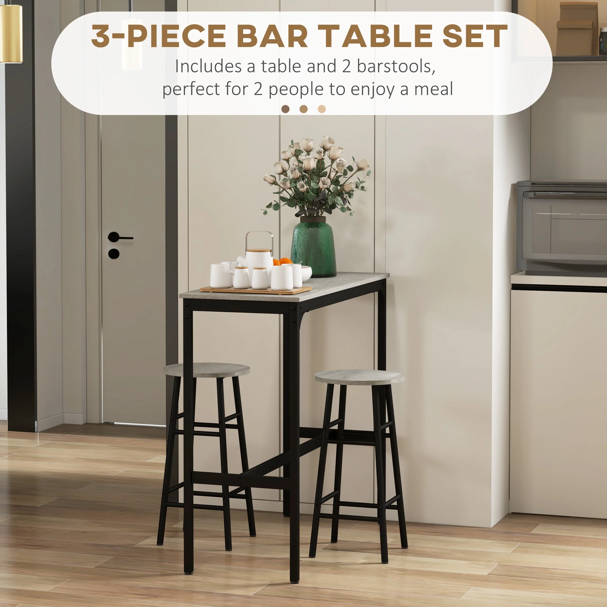 Industrial Bar Table and Stool Set of 2, Dining Table & Chair Set for Small Space, Grey - Image 6