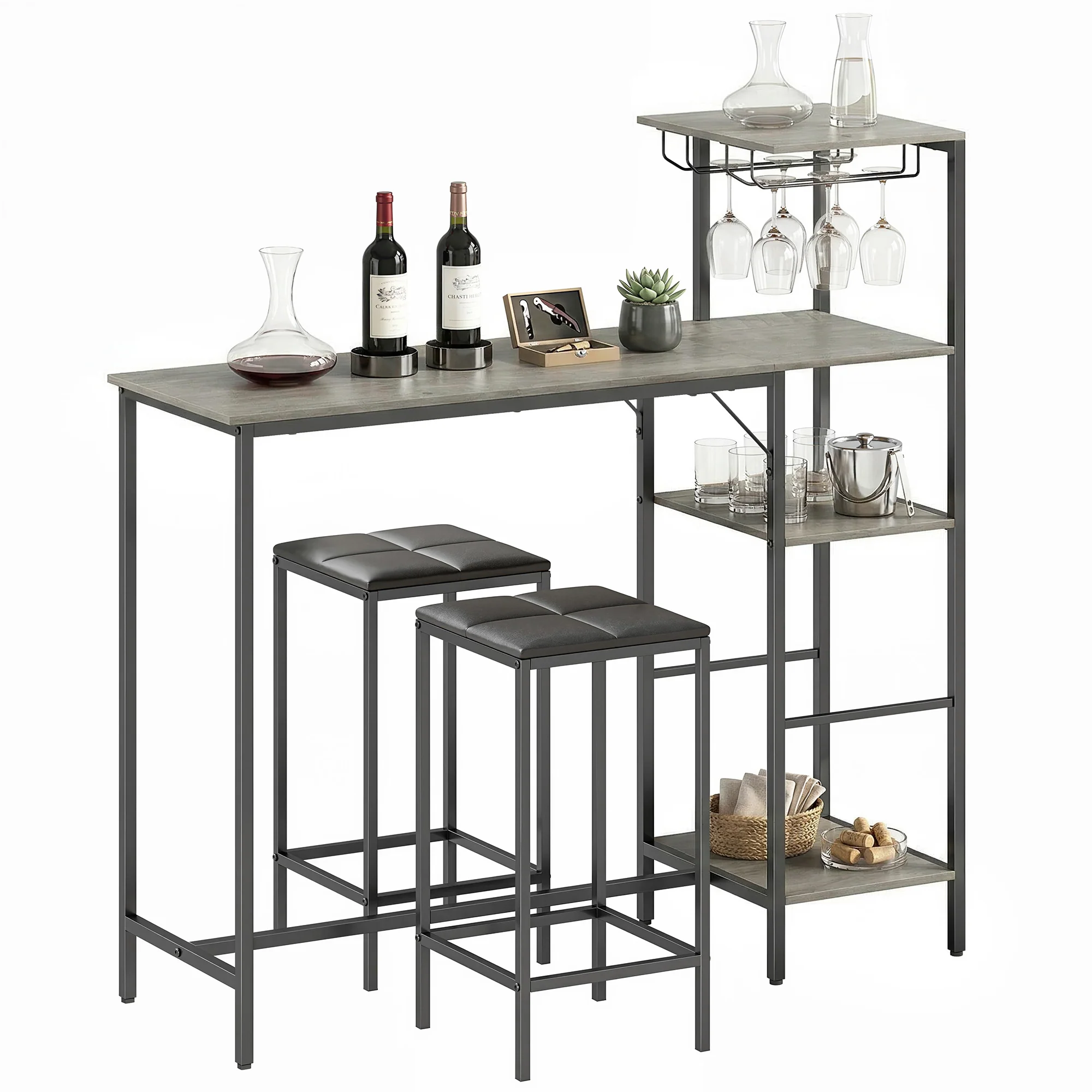 3 Piece Breakfast Bar Table and Stools Set, Dining Table with 4-tier shelving and Glasses Holders, 2 PU Leather Bar Stools with Footrest for Kitchen, Dining Room, Pub, Washed Grey