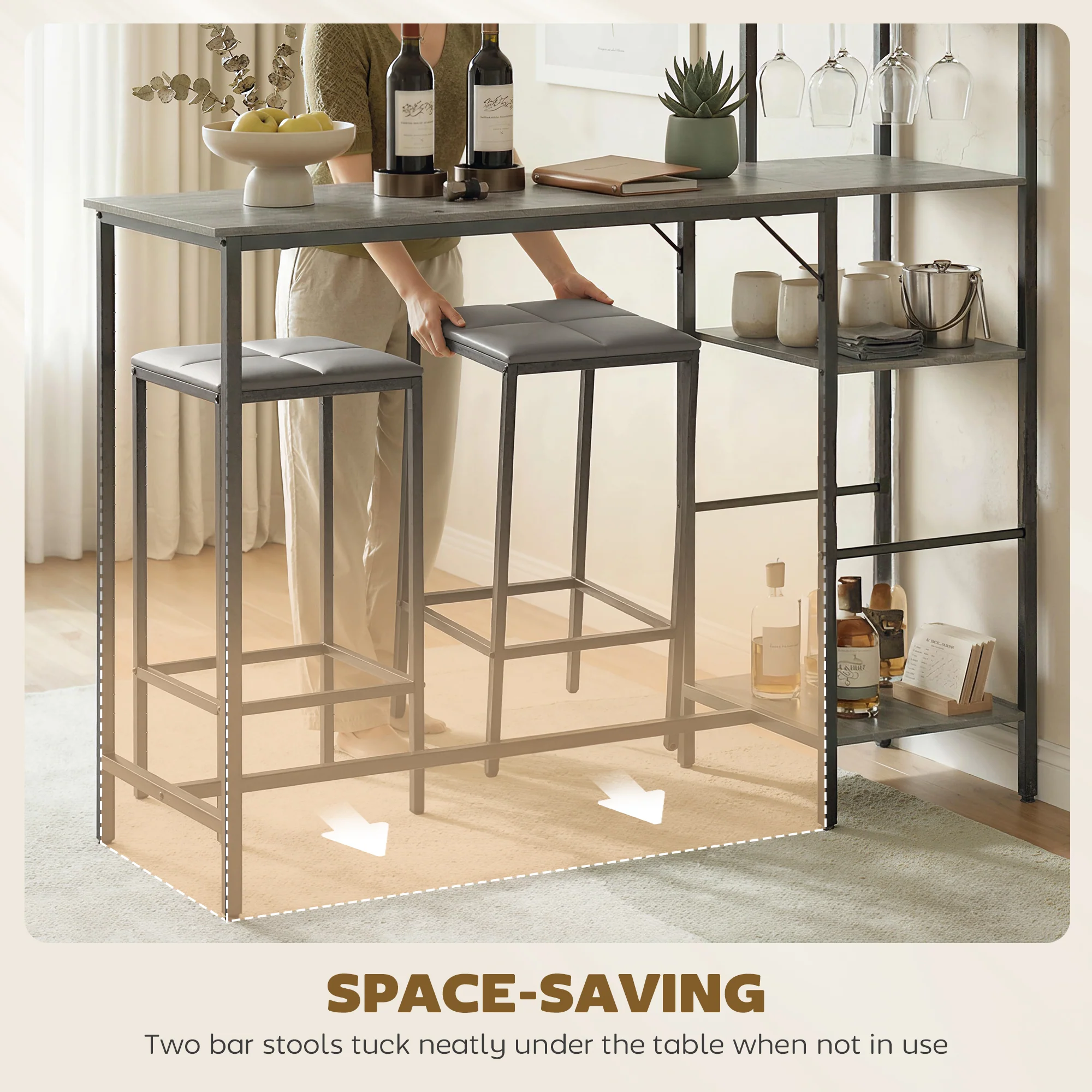 3 Piece Breakfast Bar Table and Stools Set, Dining Table with 4-tier shelving and Glasses Holders, 2 PU Leather Bar Stools with Footrest for Kitchen, Dining Room, Pub, Washed Grey - Image 10