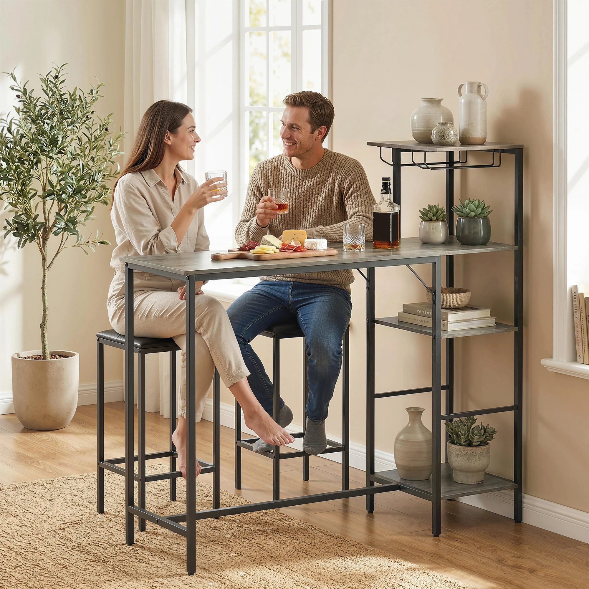 3 Piece Breakfast Bar Table and Stools Set, Dining Table with 4-tier shelving and Glasses Holders, 2 PU Leather Bar Stools with Footrest for Kitchen, Dining Room, Pub, Washed Grey - Image 4