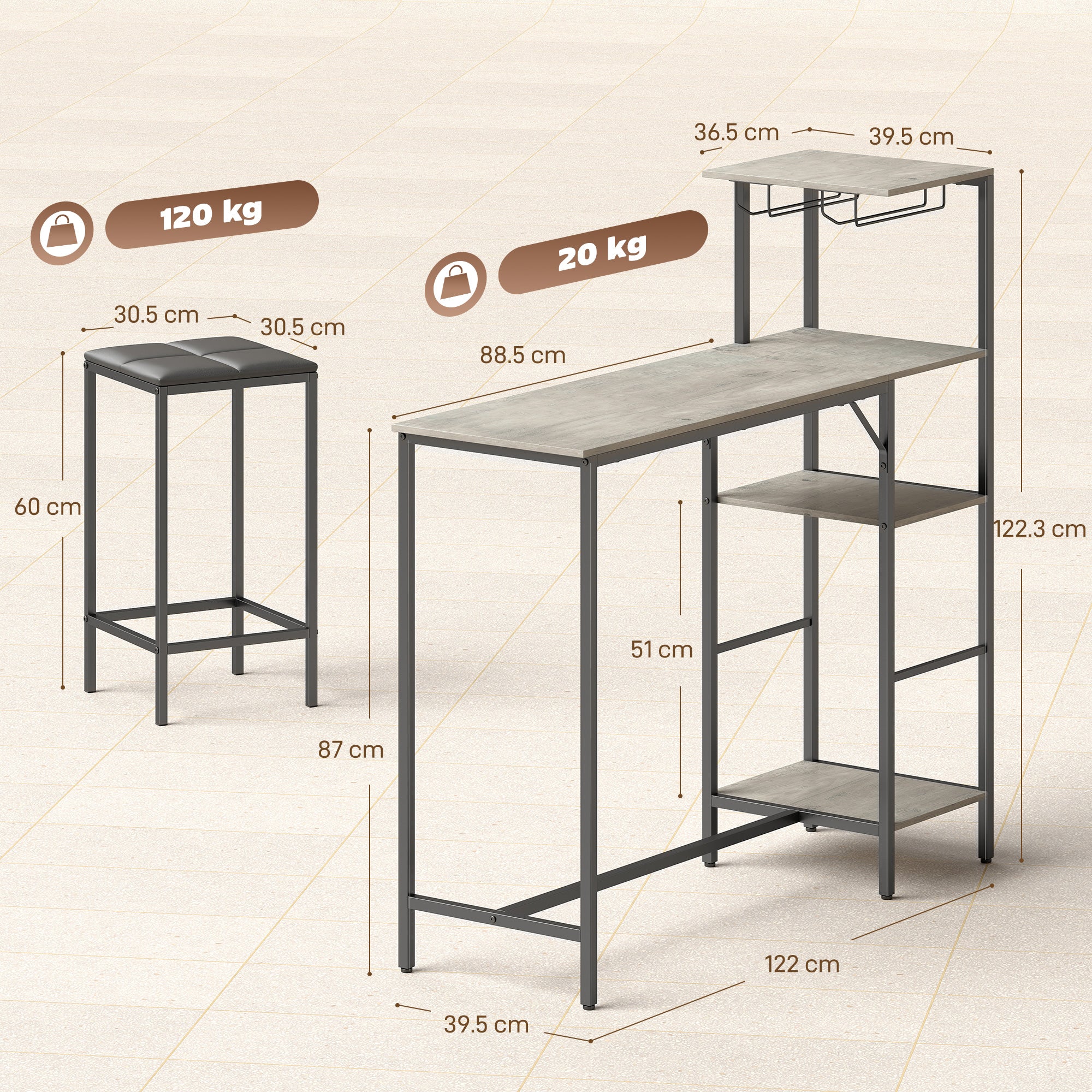 3 Piece Breakfast Bar Table and Stools Set, Dining Table with 4-tier shelving and Glasses Holders, 2 PU Leather Bar Stools with Footrest for Kitchen, Dining Room, Pub, Washed Grey - Image 5