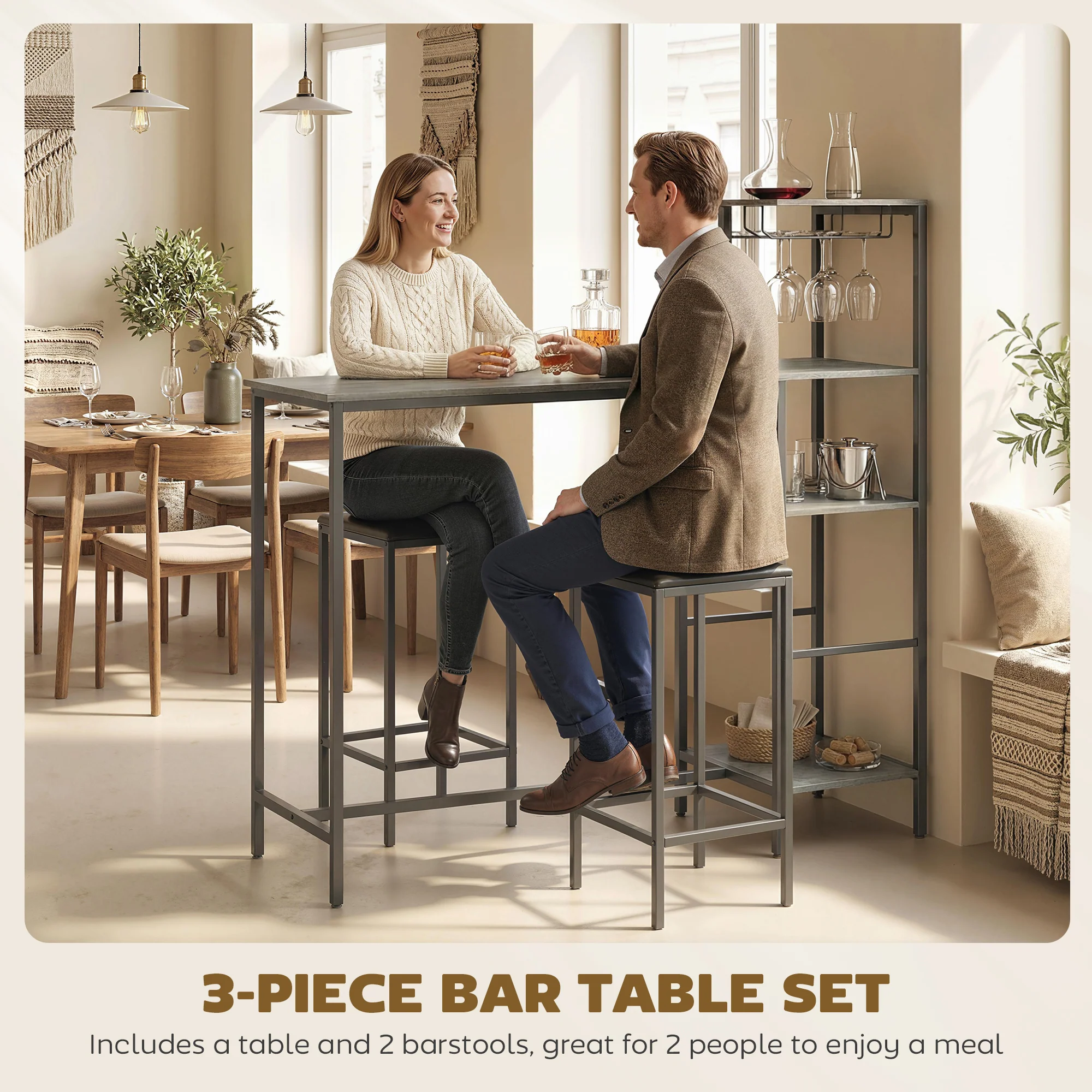 3 Piece Breakfast Bar Table and Stools Set, Dining Table with 4-tier shelving and Glasses Holders, 2 PU Leather Bar Stools with Footrest for Kitchen, Dining Room, Pub, Washed Grey - Image 6