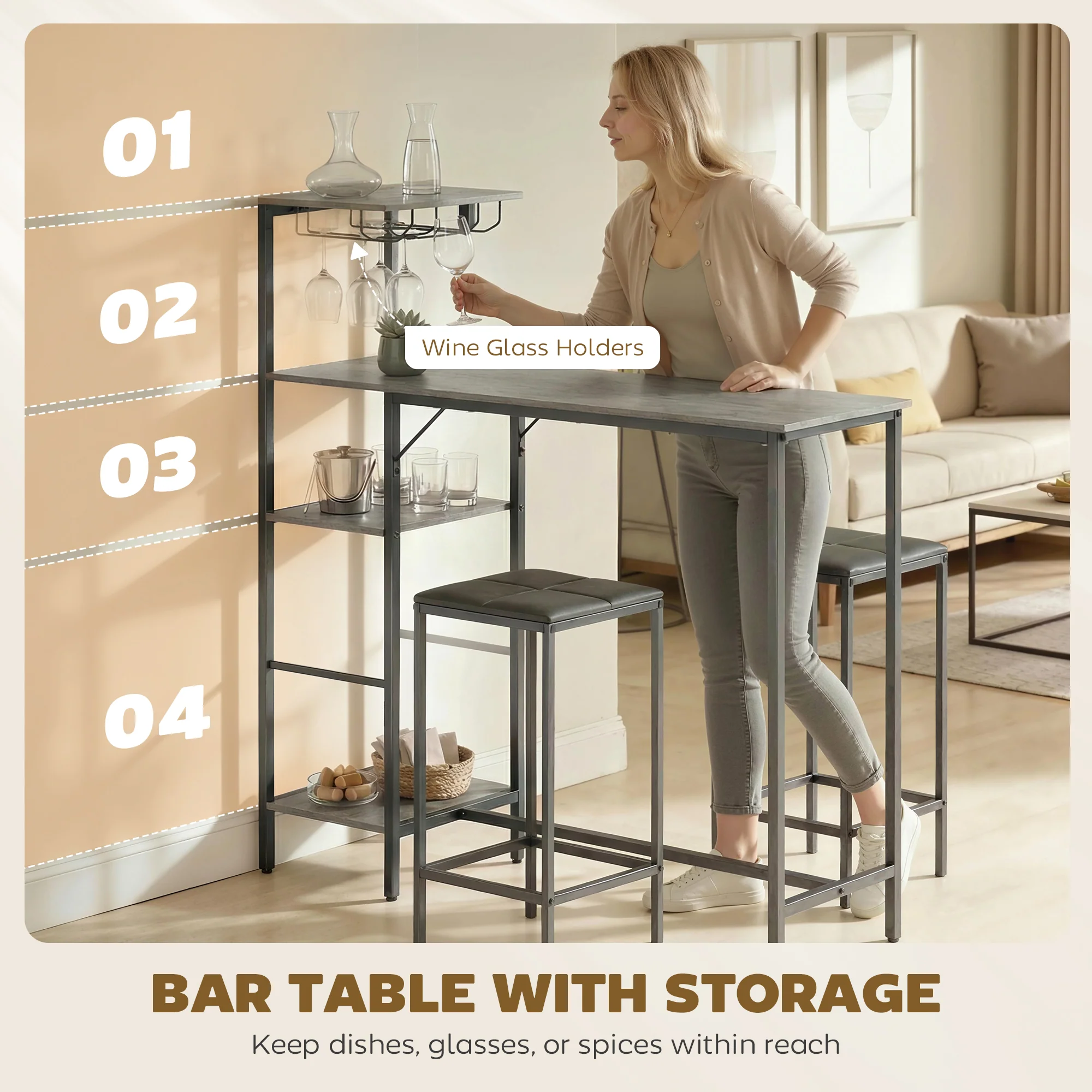 3 Piece Breakfast Bar Table and Stools Set, Dining Table with 4-tier shelving and Glasses Holders, 2 PU Leather Bar Stools with Footrest for Kitchen, Dining Room, Pub, Washed Grey - Image 7
