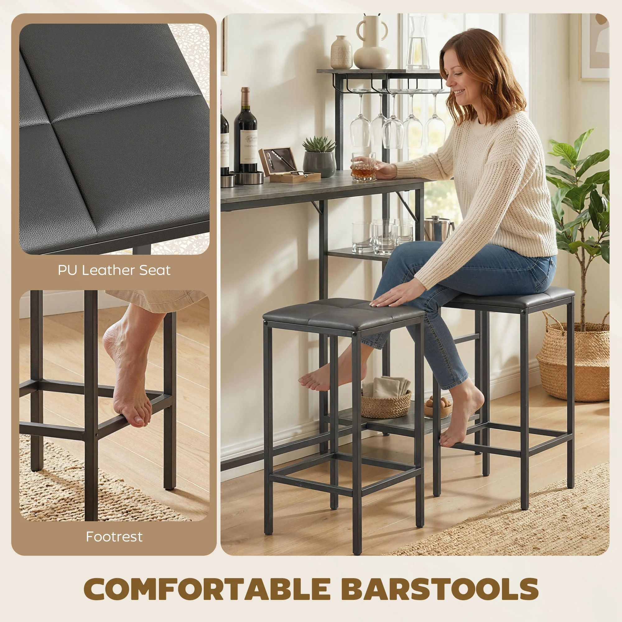 3 Piece Breakfast Bar Table and Stools Set, Dining Table with 4-tier shelving and Glasses Holders, 2 PU Leather Bar Stools with Footrest for Kitchen, Dining Room, Pub, Washed Grey - Image 8