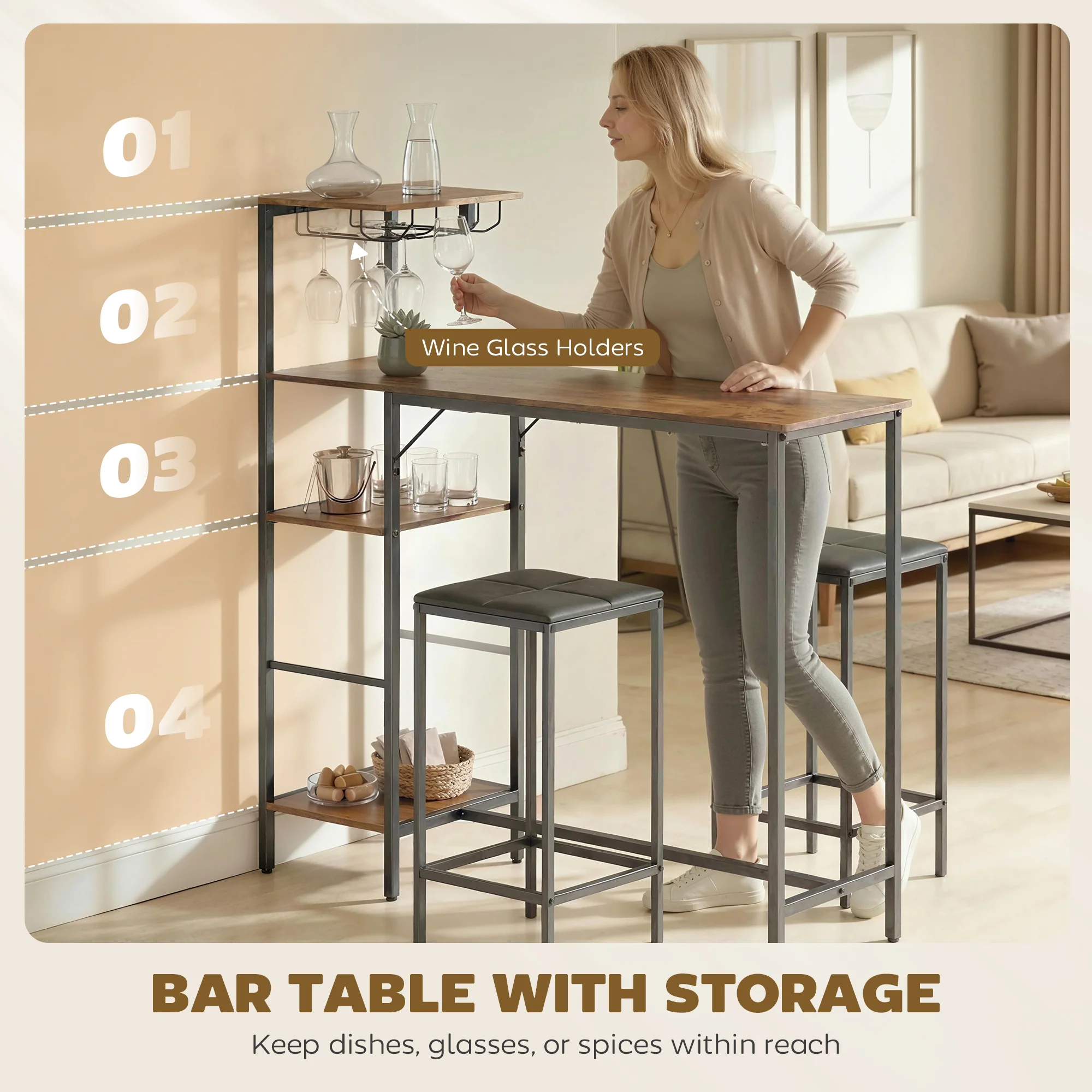 3 Piece Breakfast Bar Table and Stools Set, Dining Table with 4-tier shelving and Glasses Holders, 2 PU Leather Bar Stools with Footrest for Kitchen, Dining Room, Pub, Rustic Brown - Image 7