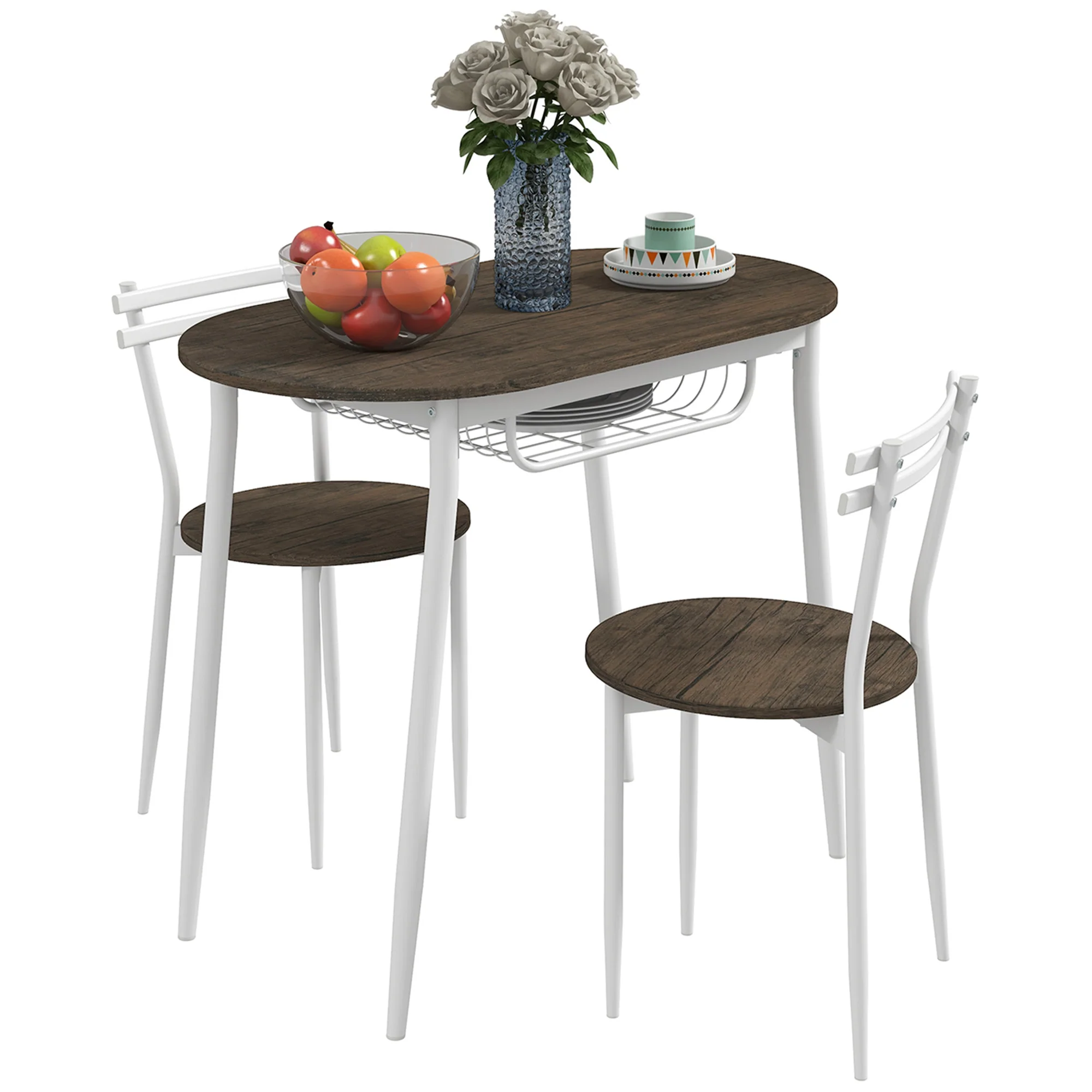 3-Piece Dining Table and Chairs Set, Oval Kitchen Table with Wire Storage Shelf, Natural