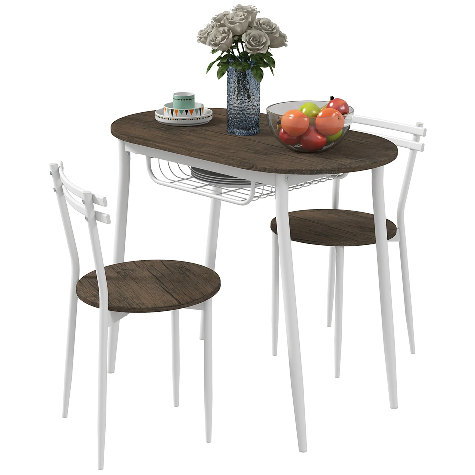3-Piece Dining Table and Chairs Set, Oval Kitchen Table with Wire Storage Shelf, Natural - Image 2