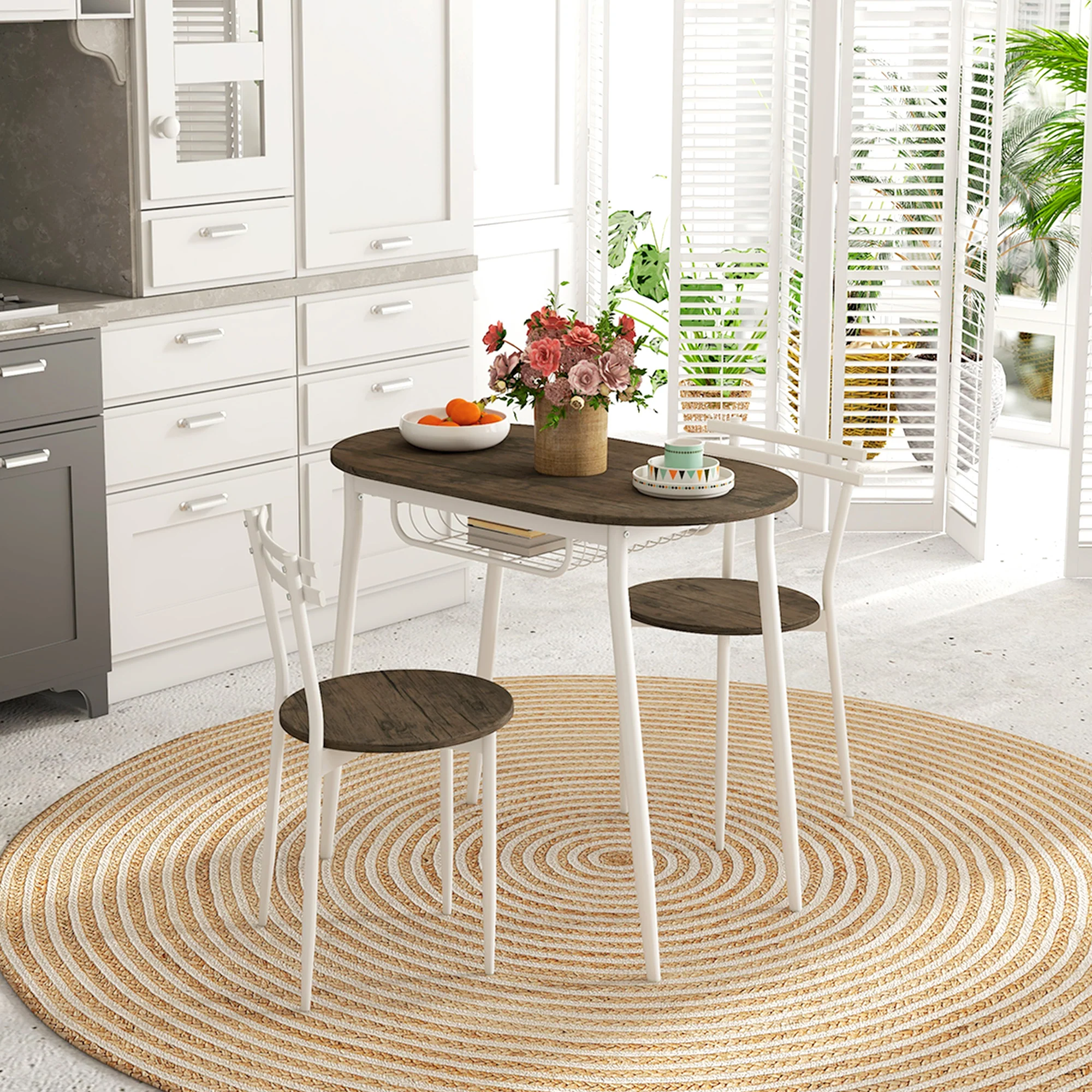 3-Piece Dining Table and Chairs Set, Oval Kitchen Table with Wire Storage Shelf, Natural - Image 3