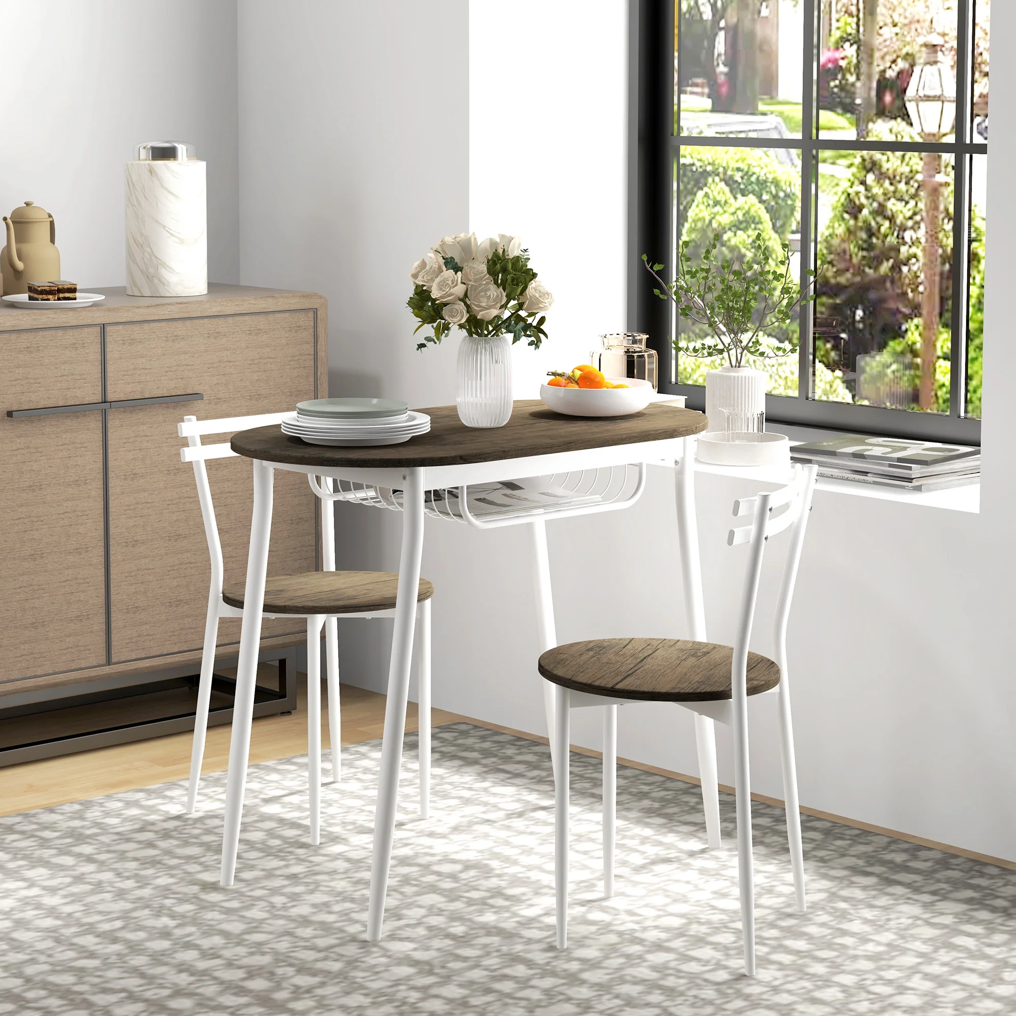 3-Piece Dining Table and Chairs Set, Oval Kitchen Table with Wire Storage Shelf, Natural - Image 4