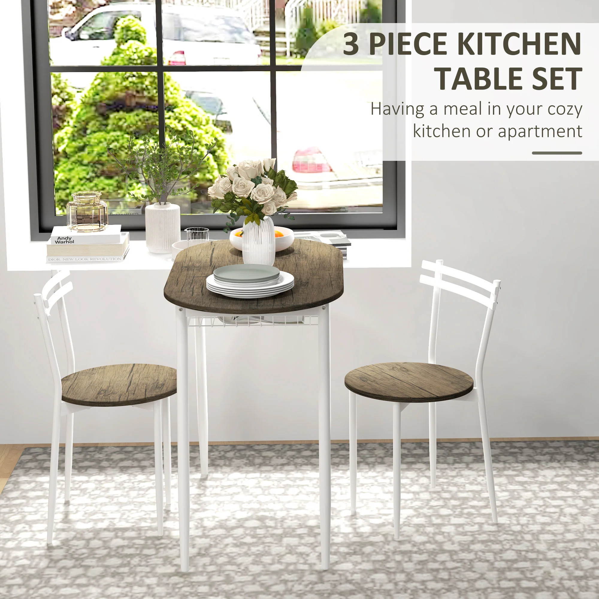 3-Piece Dining Table and Chairs Set, Oval Kitchen Table with Wire Storage Shelf, Natural - Image 6