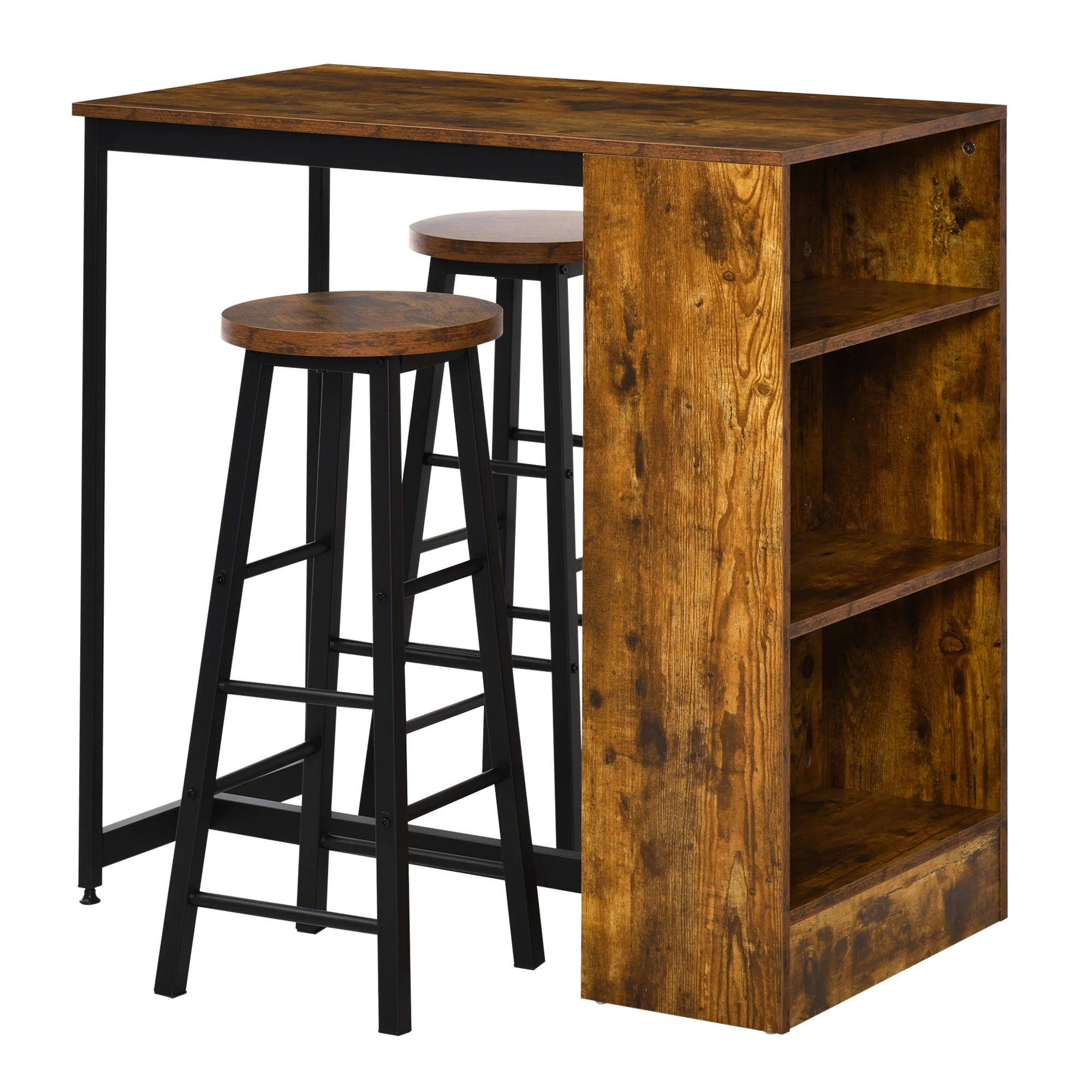 3 Piece Industrial Style Bar Table Set with 2 Stools & Storage Table, Rustic Brown