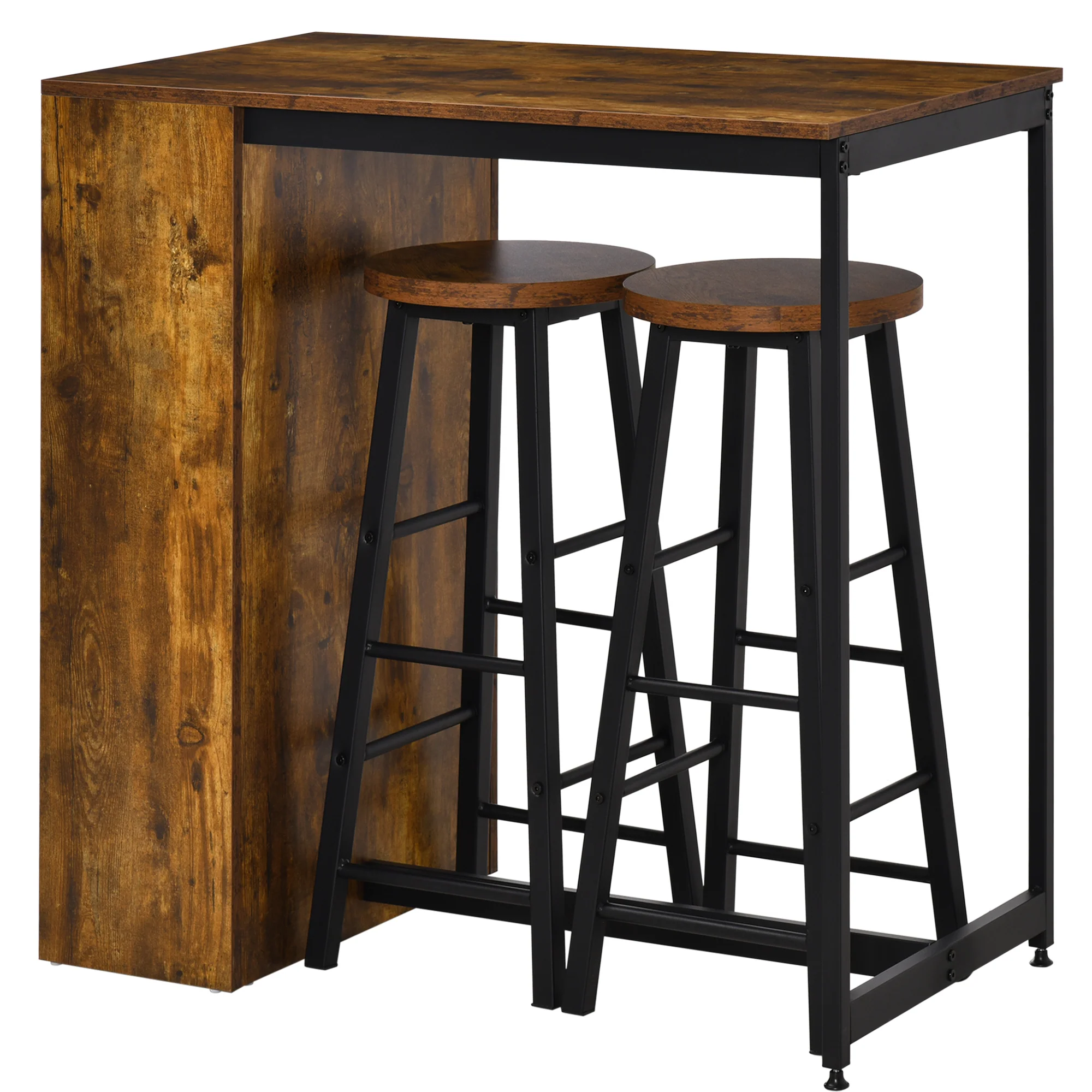 3 Piece Industrial Style Bar Table Set with 2 Stools & Storage Table, Rustic Brown - Image 2