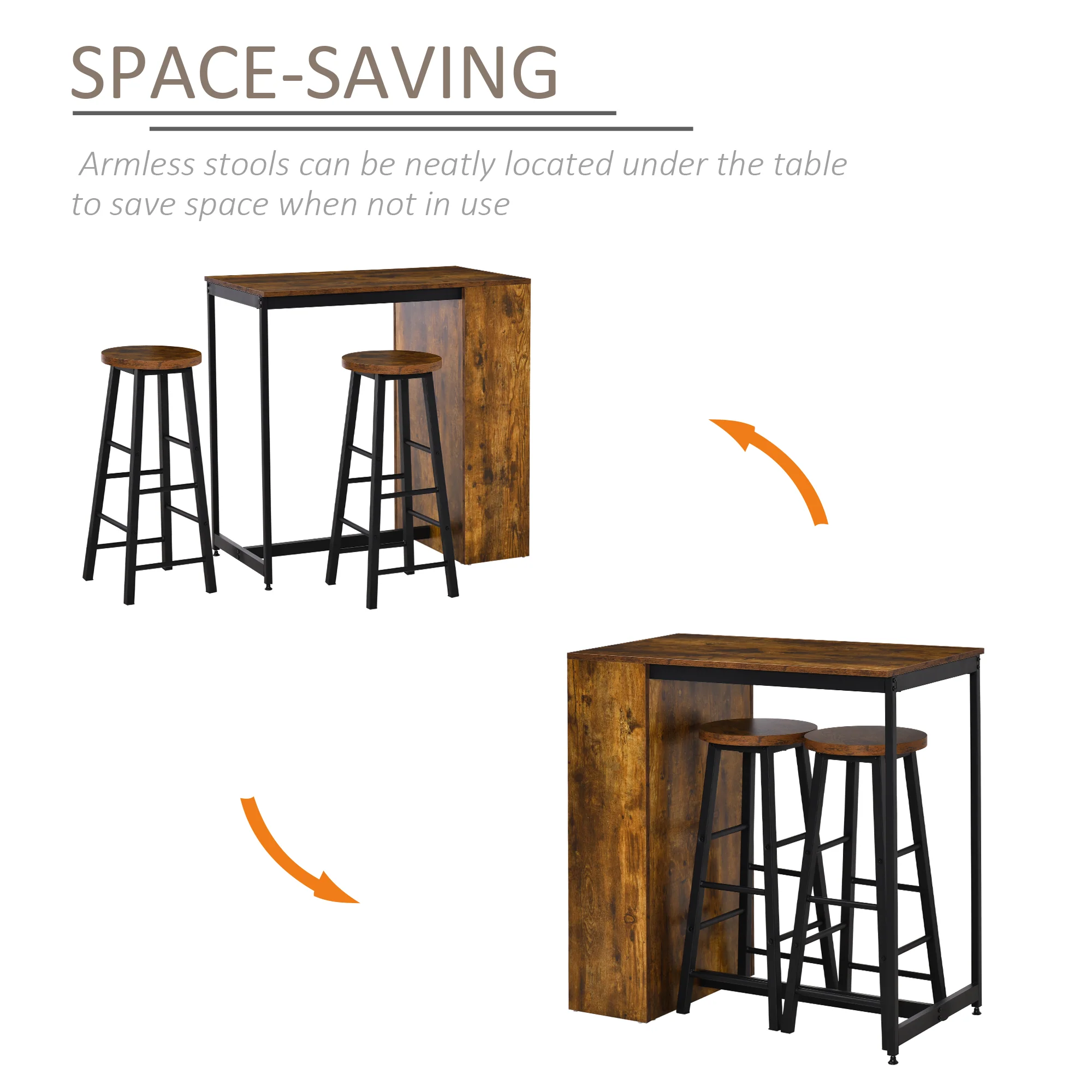 3 Piece Industrial Style Bar Table Set with 2 Stools & Storage Table, Rustic Brown - Image 6