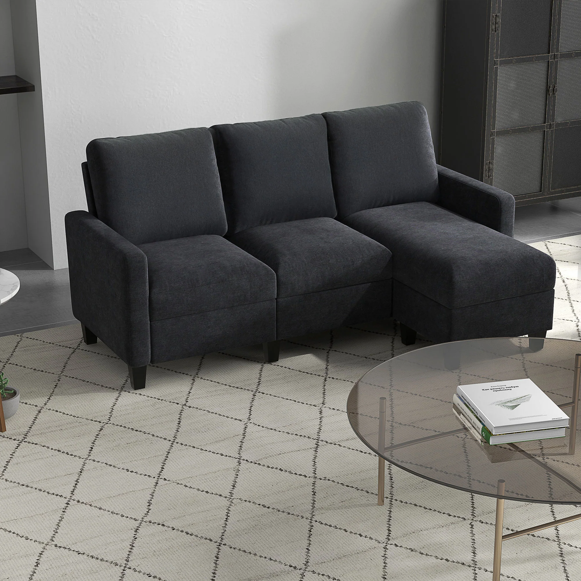 3-Seater L-Shape Sectional Sofa with Ottoman for Living Room, Dark Grey - Image 3