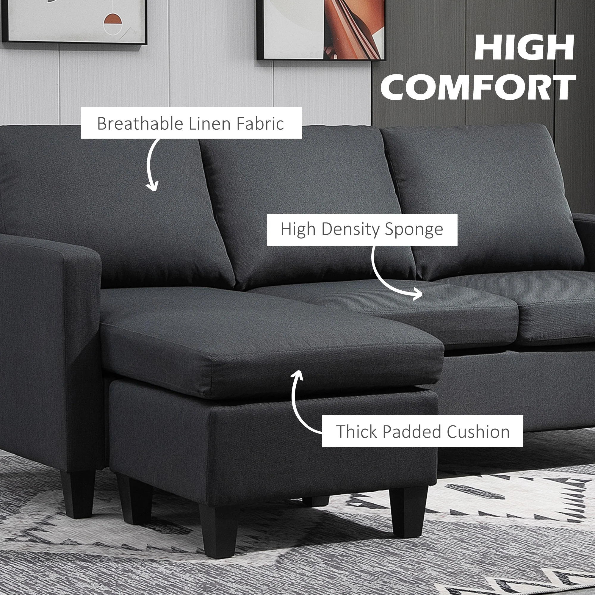 3-Seater L-Shape Sectional Sofa with Ottoman for Living Room, Dark Grey - Image 6