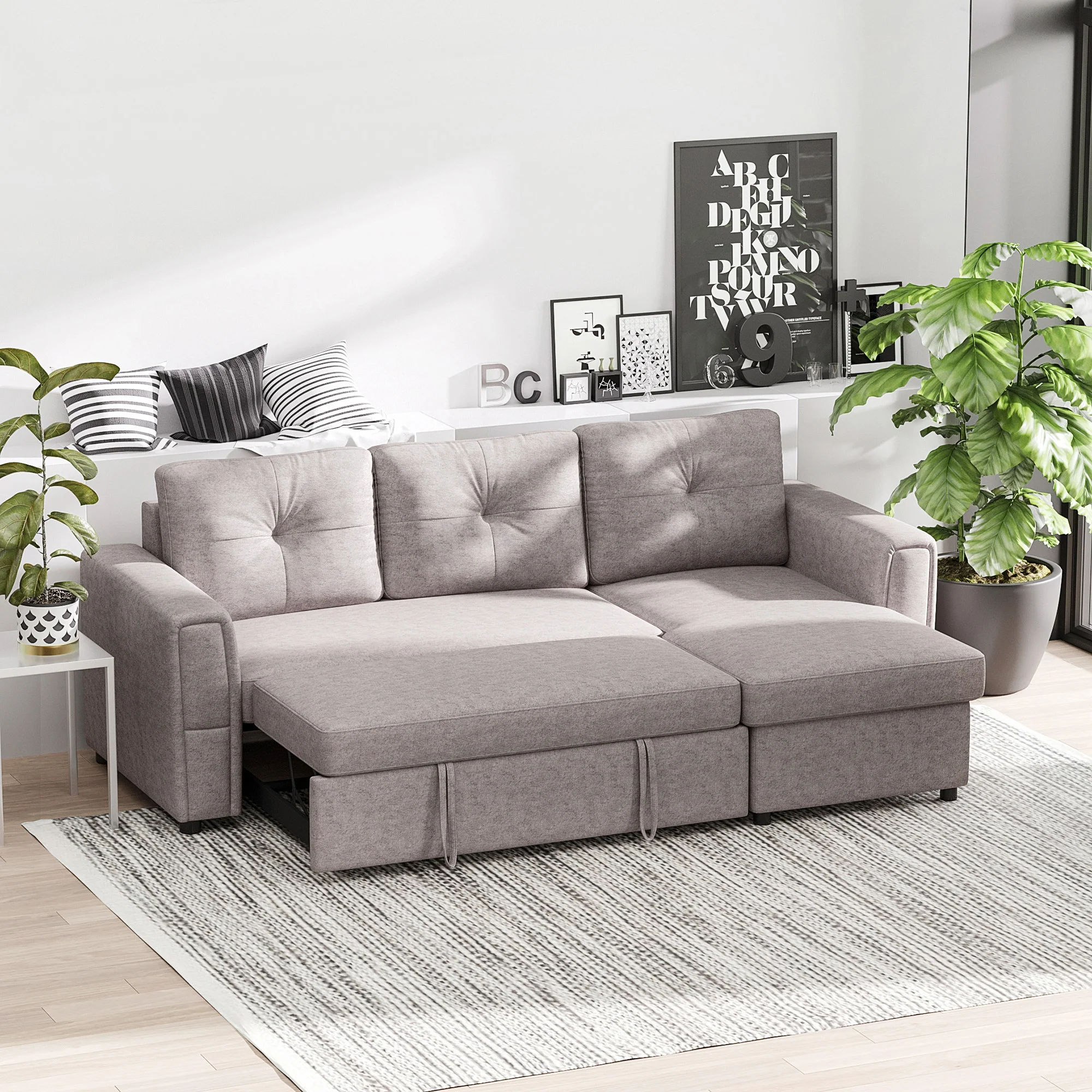 3 Seater Sofa Bed, L Shaped Pull Out Sofa Bed with Storage for Living Room, Grey - Image 9