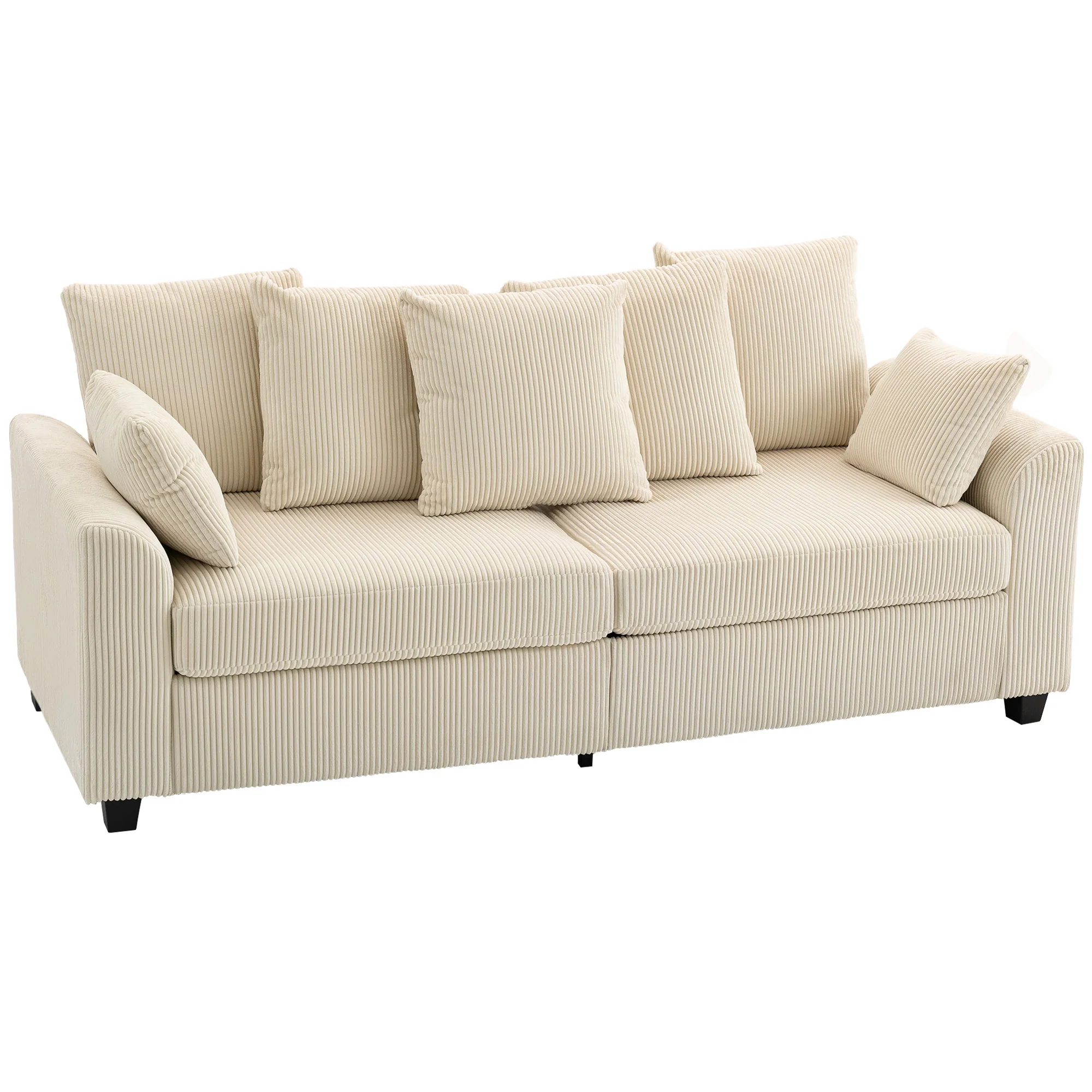 3 Seater Sofa with Curved Armrests, 83" Modern Upholstered Corduroy Couch with 8 Removable Pillows and Thick Padded, Beige
