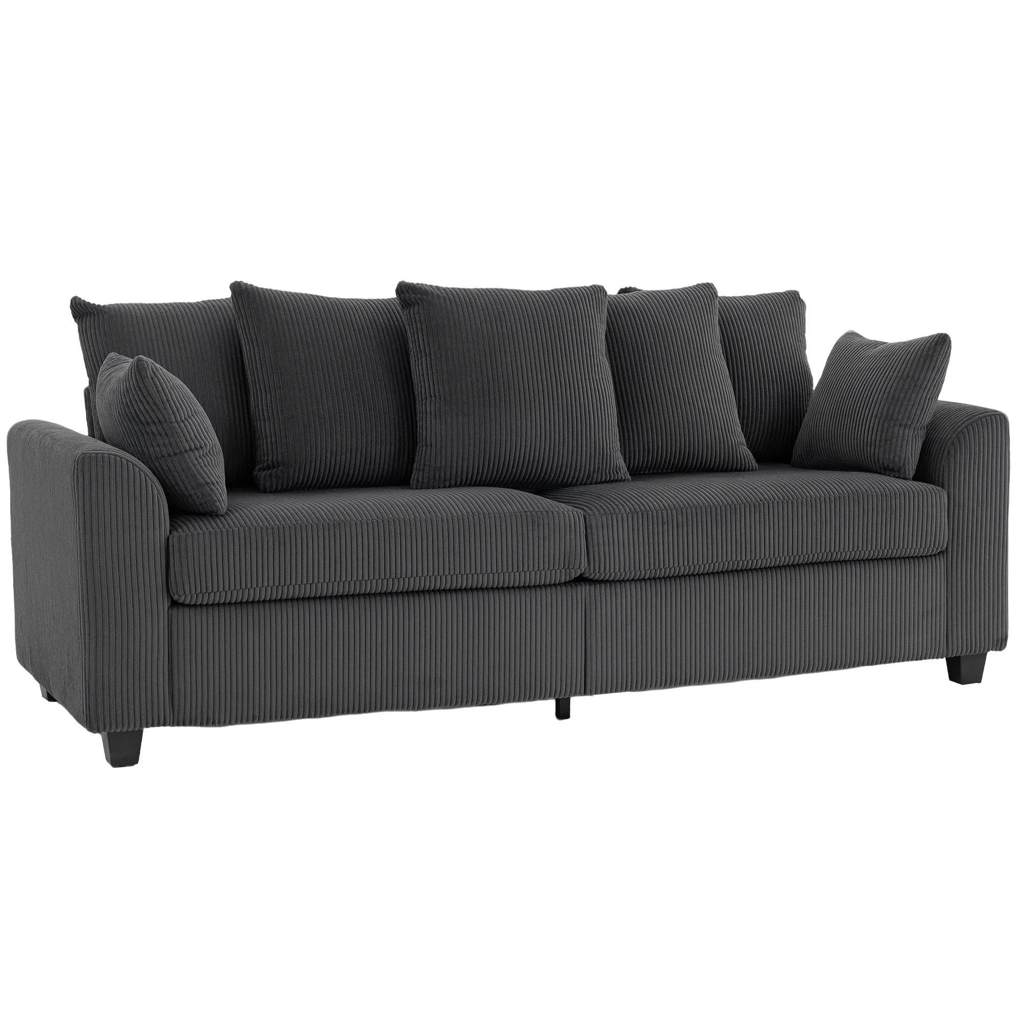 3 Seater Sofa with Curved Armrests, 83" Modern Upholstered Corduroy Couch with 8 Removable Pillows and Thick Padded, Dark Grey - Image 2