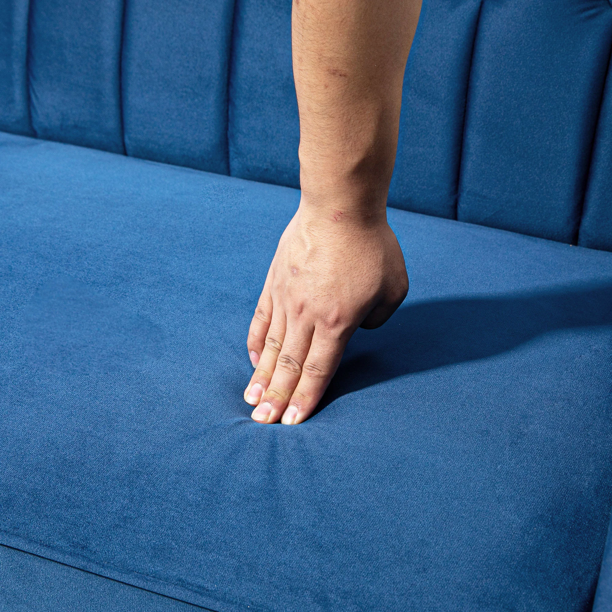 3 Seater Velvet Sofa Bed, Button Tufted Sleeper Couch w/ Split Reclining Backrest, Blue - Image 10