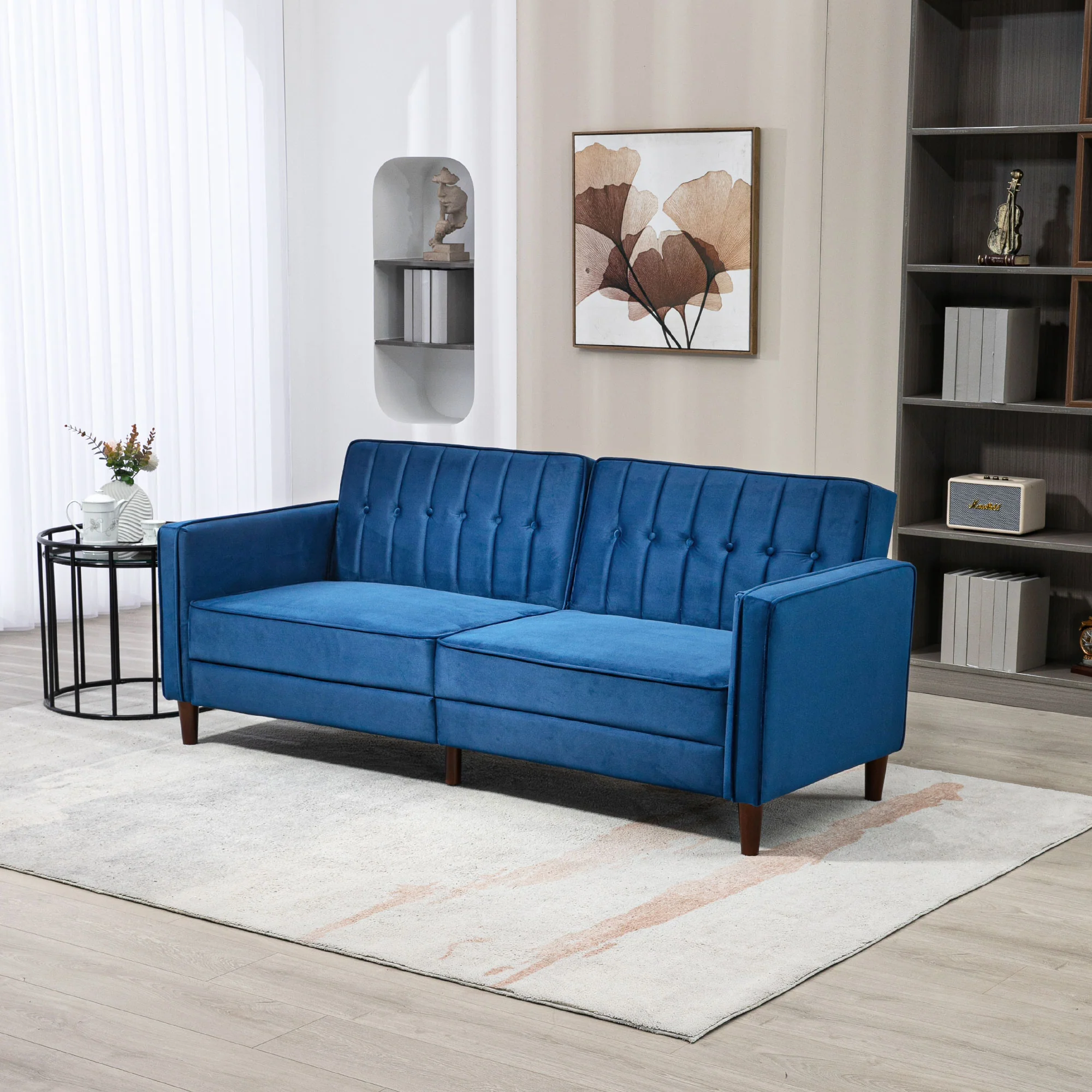 3 Seater Velvet Sofa Bed, Button Tufted Sleeper Couch w/ Split Reclining Backrest, Blue - Image 3