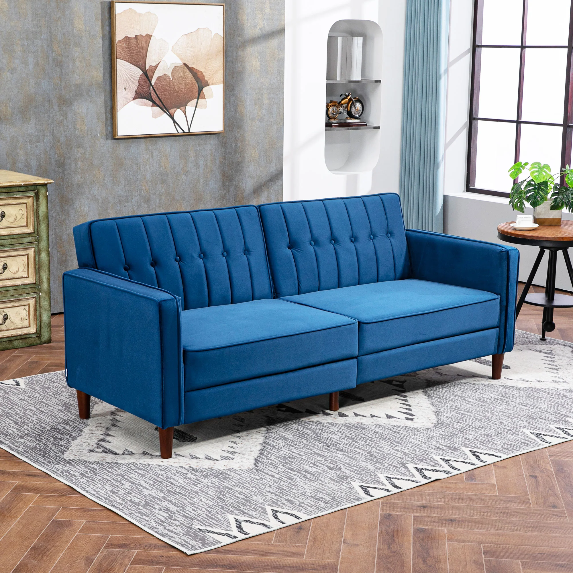 3 Seater Velvet Sofa Bed, Button Tufted Sleeper Couch w/ Split Reclining Backrest, Blue - Image 4