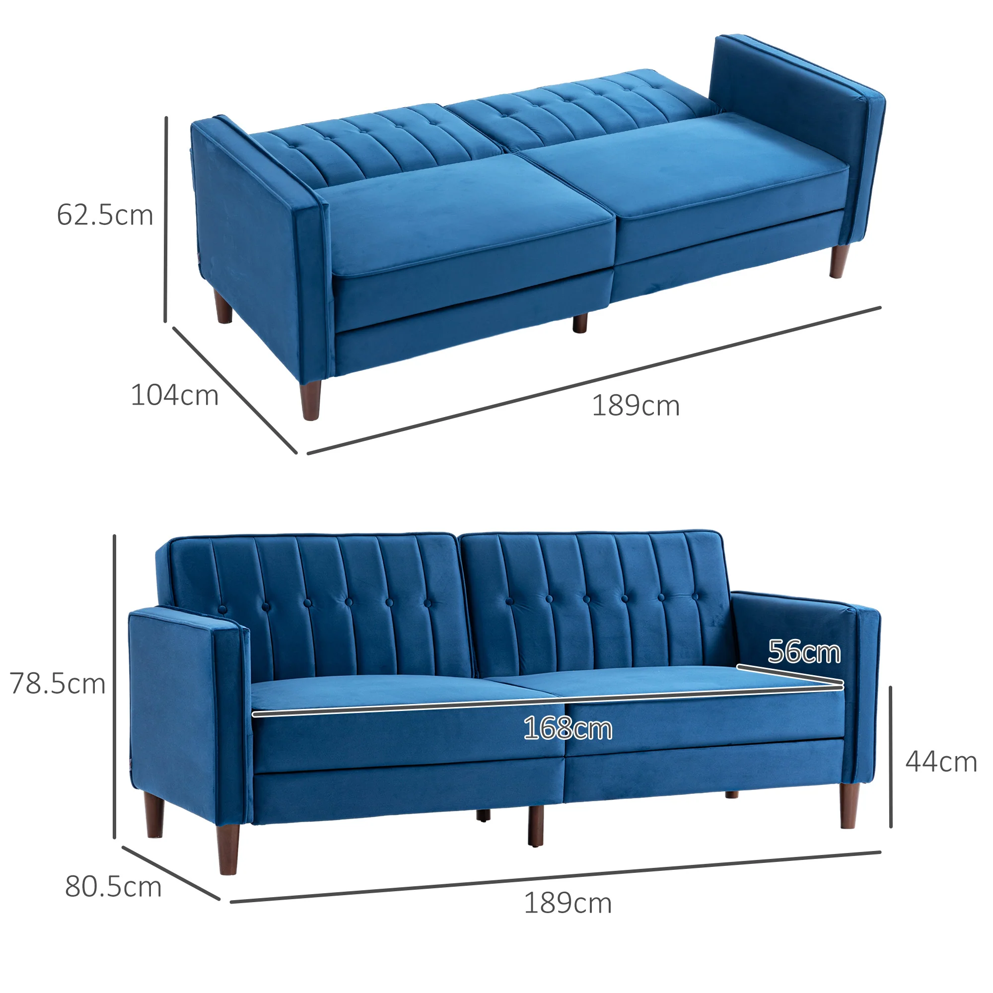 3 Seater Velvet Sofa Bed, Button Tufted Sleeper Couch w/ Split Reclining Backrest, Blue - Image 5