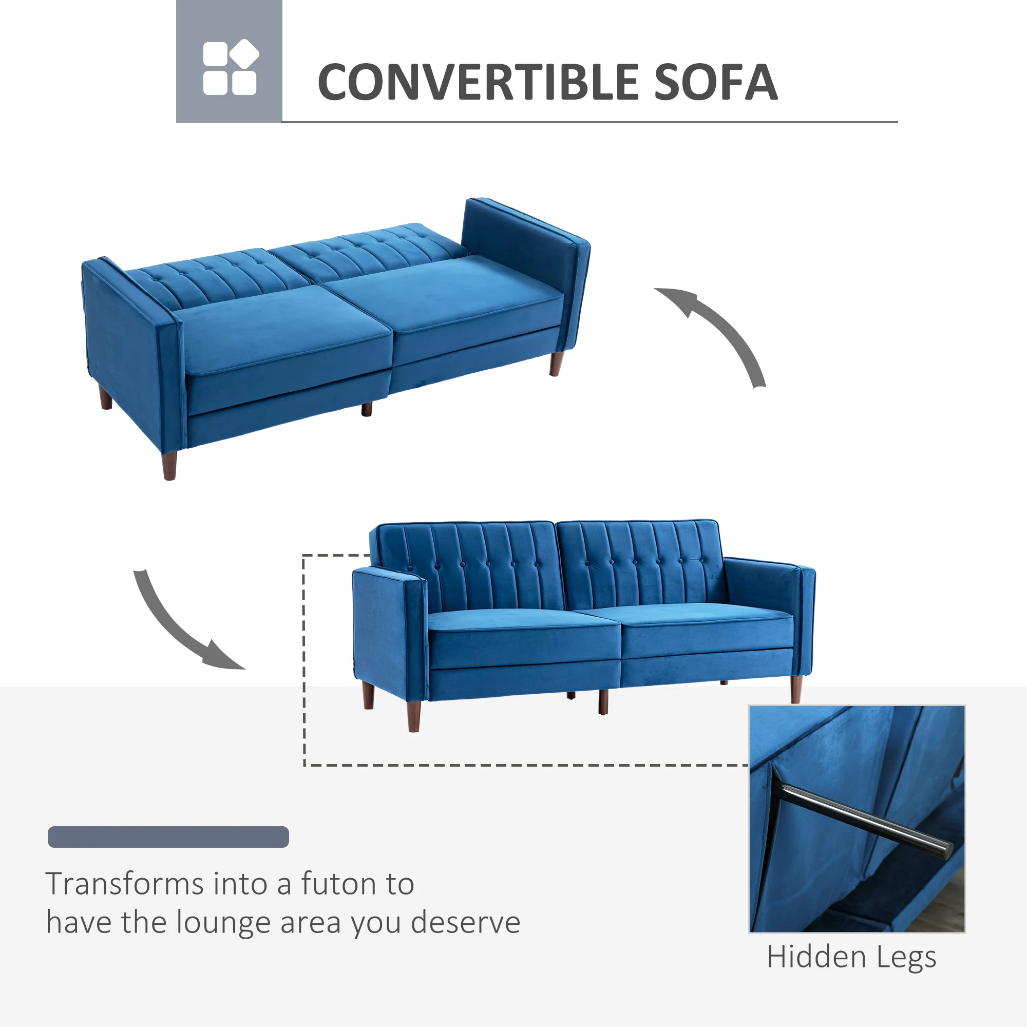 3 Seater Velvet Sofa Bed, Button Tufted Sleeper Couch w/ Split Reclining Backrest, Blue - Image 6