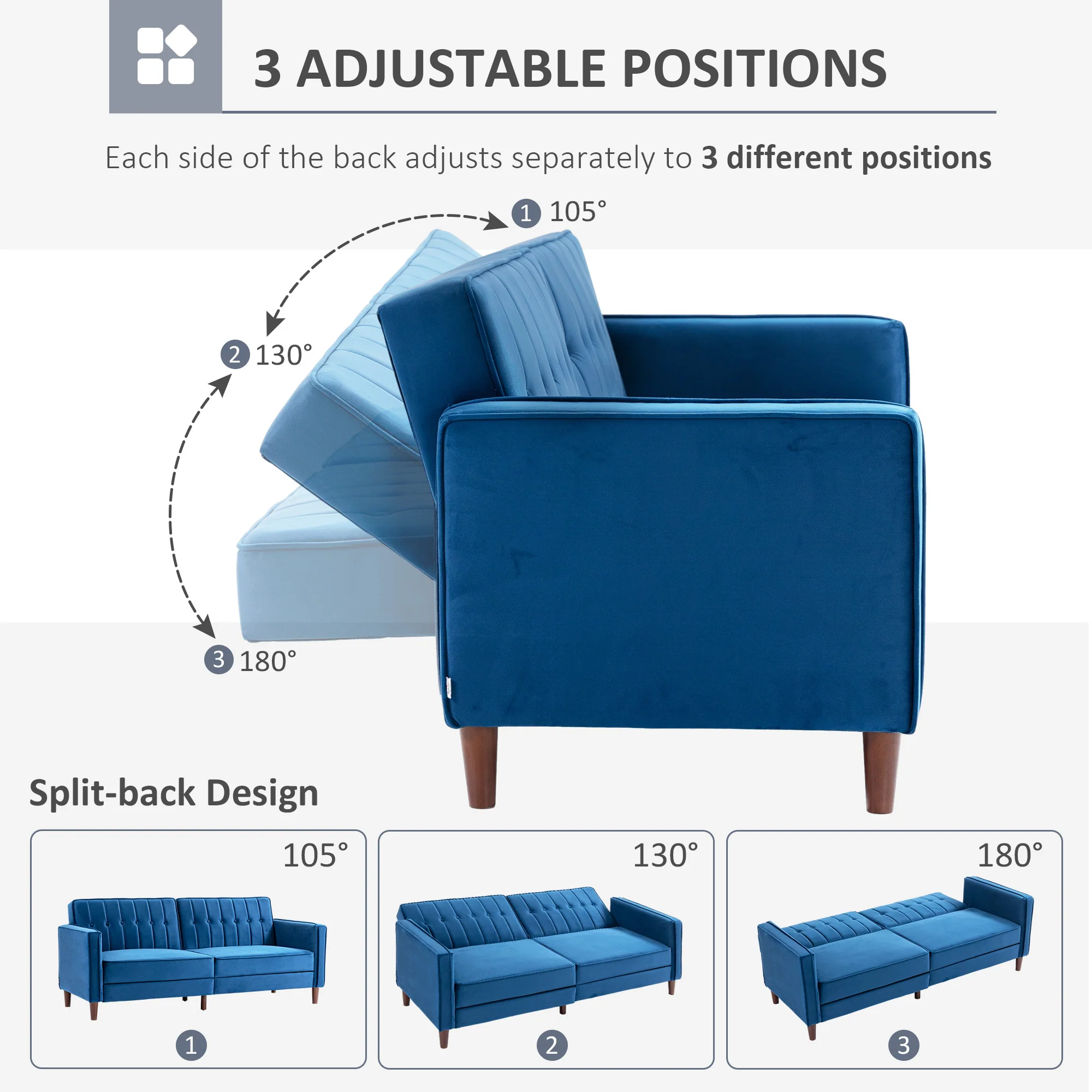 3 Seater Velvet Sofa Bed, Button Tufted Sleeper Couch w/ Split Reclining Backrest, Blue - Image 7