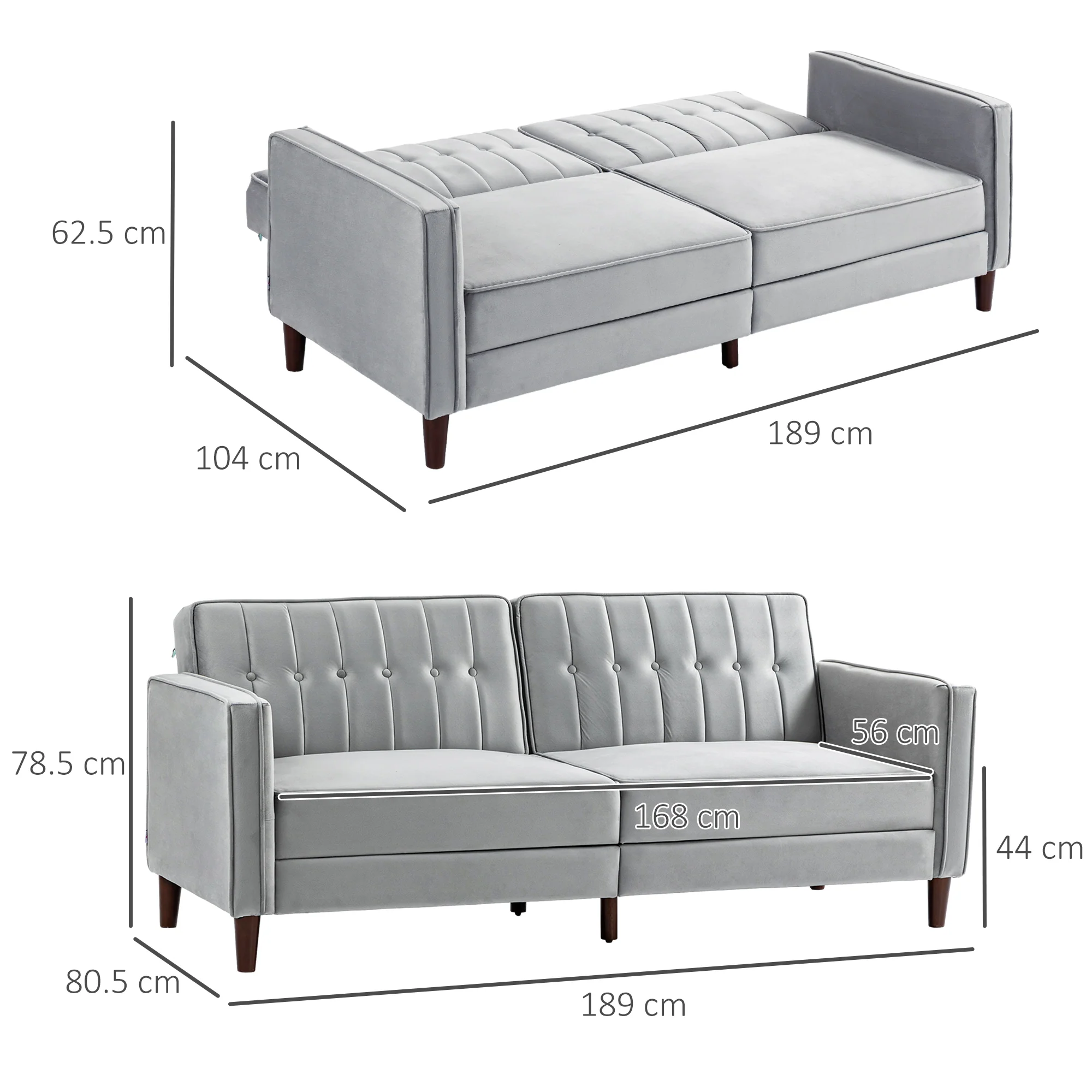 3 Seater Velvet Sofa Bed, Button Tufted Sleeper Couch w/ Split Reclining Backrest, Light Grey - Image 5