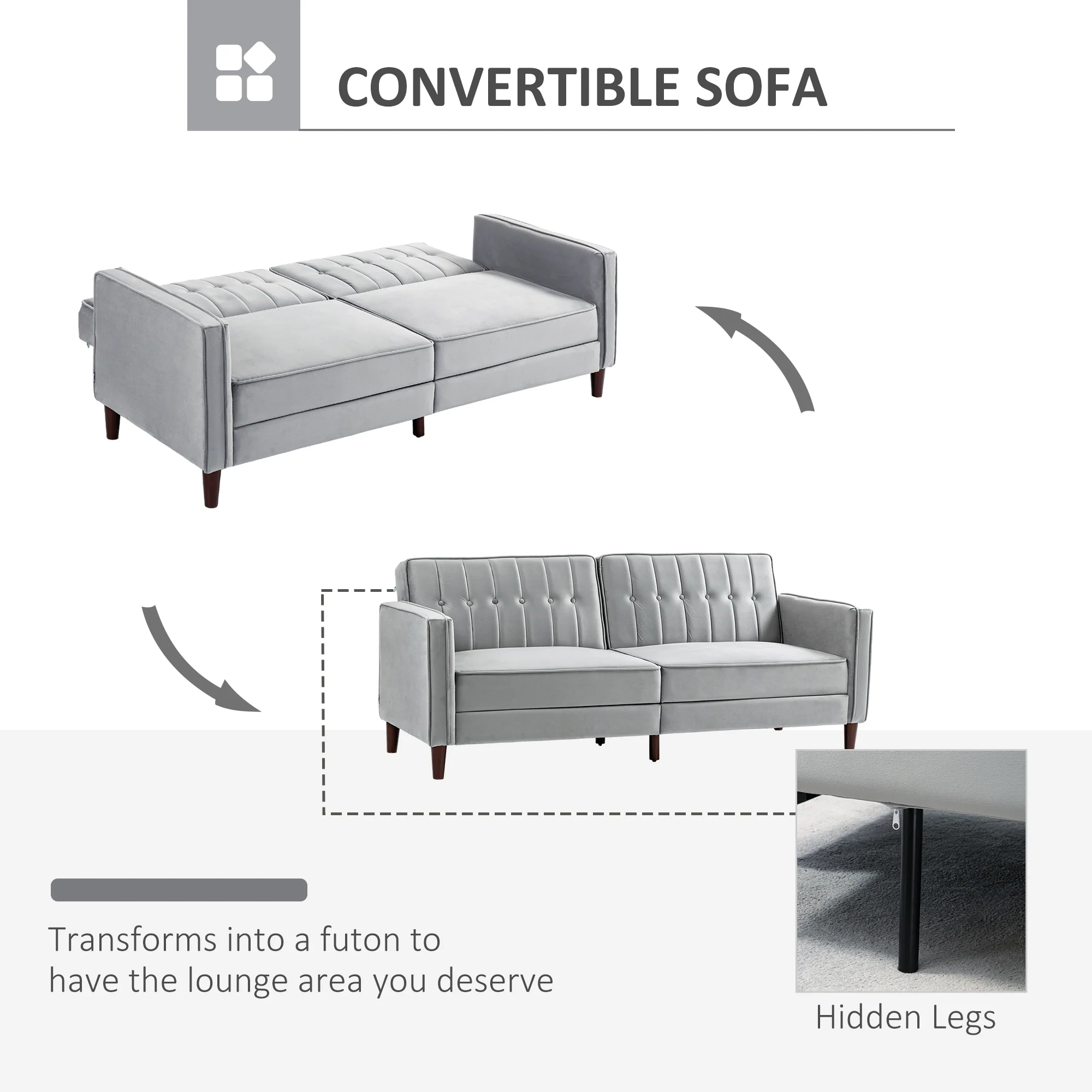 3 Seater Velvet Sofa Bed, Button Tufted Sleeper Couch w/ Split Reclining Backrest, Light Grey - Image 6