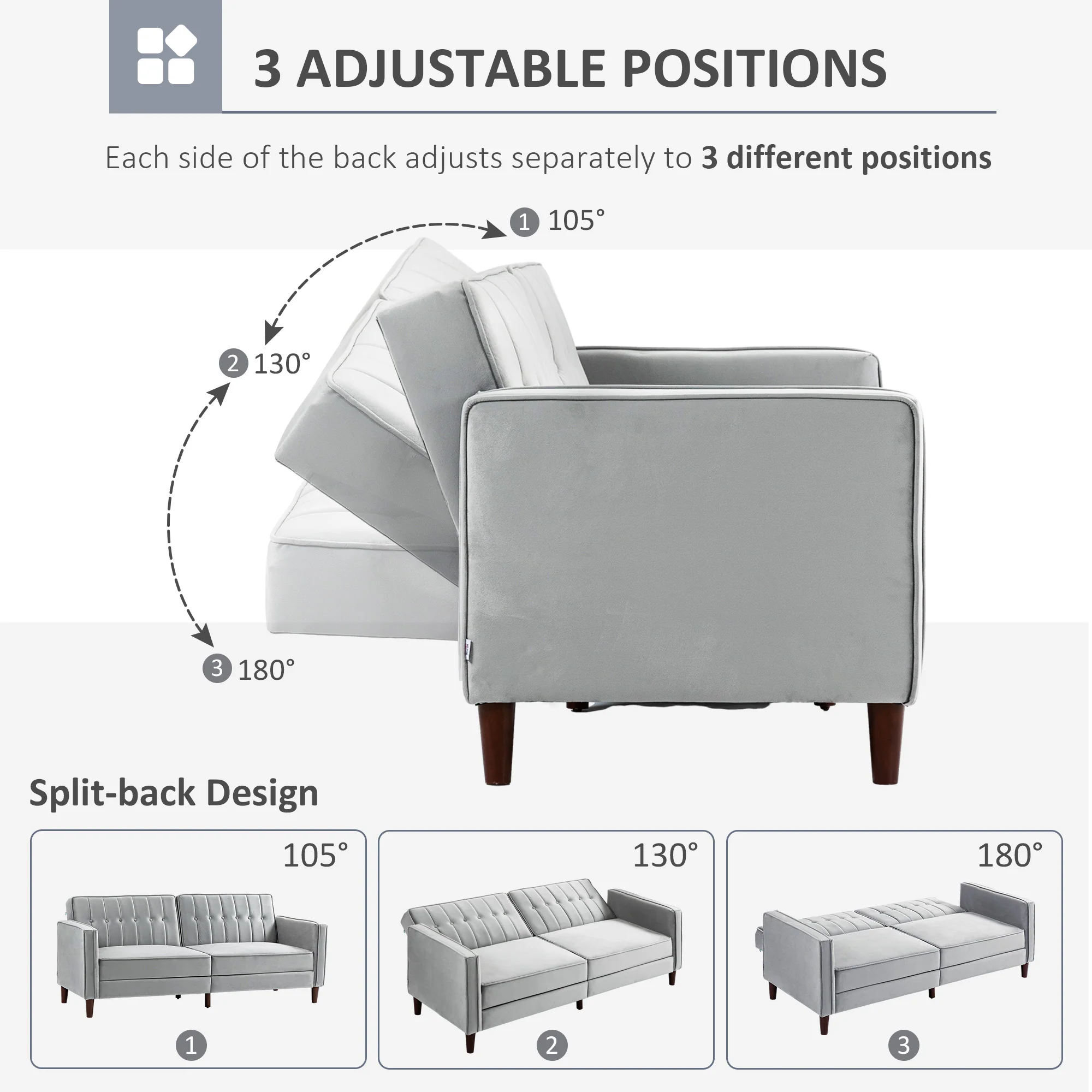3 Seater Velvet Sofa Bed, Button Tufted Sleeper Couch w/ Split Reclining Backrest, Light Grey - Image 7
