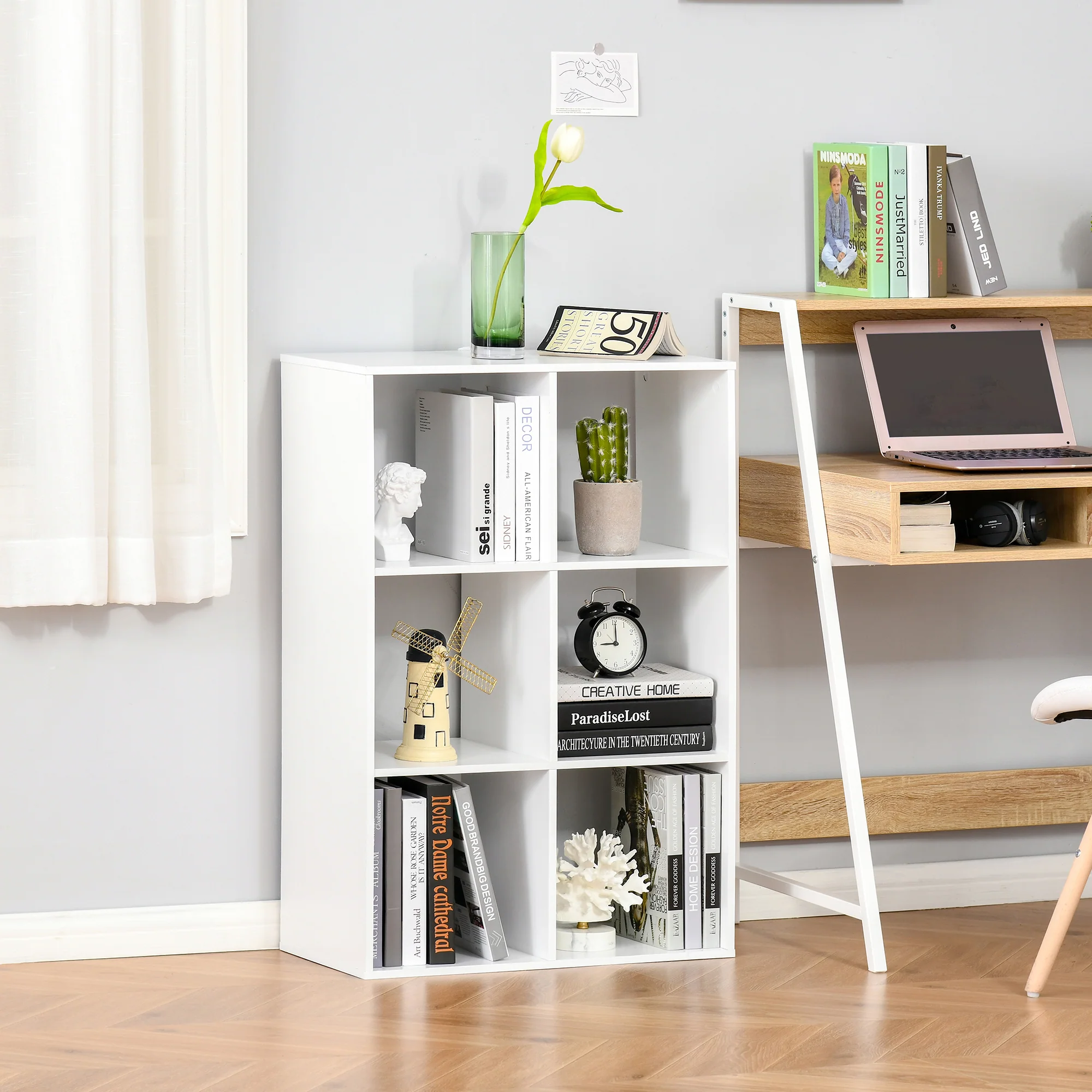 3-tier 6 Cubes Storage Unit, Particle Board Cabinet Bookcase Organiser Shelves, White - Image 3