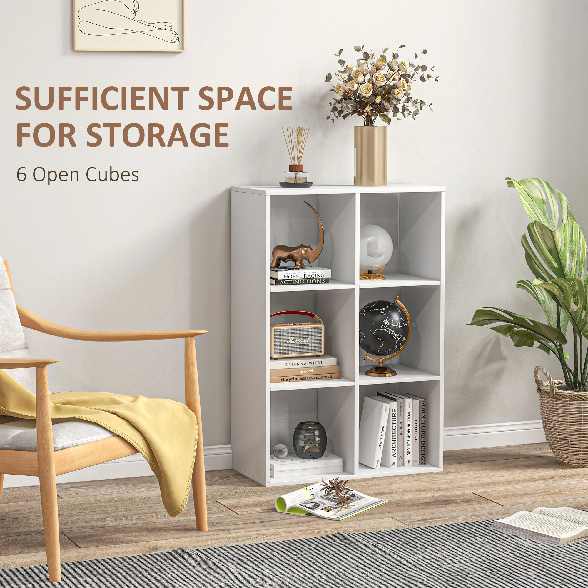 3-tier 6 Cubes Storage Unit, Particle Board Cabinet Bookcase Organiser Shelves, White - Image 6