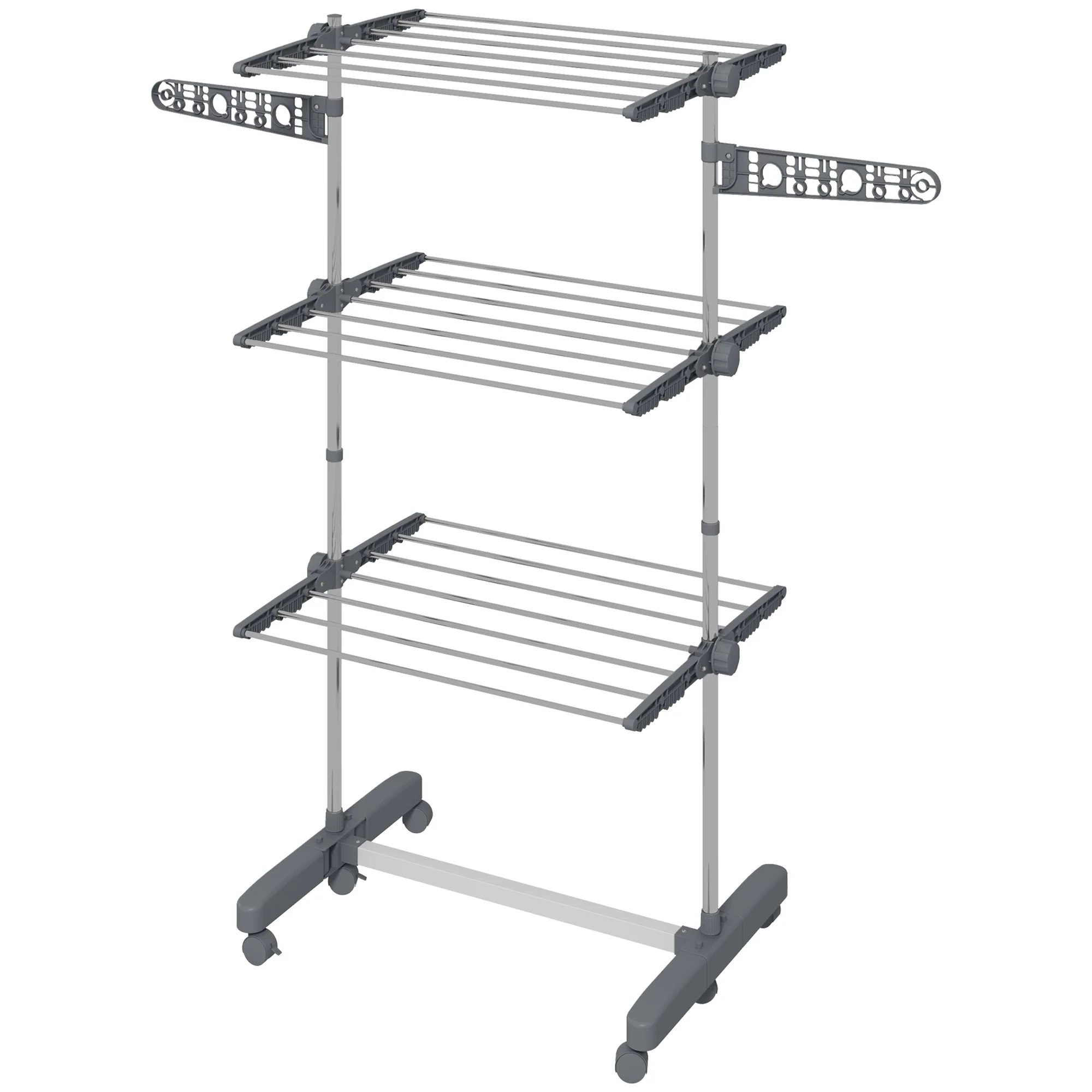 Foldable Clothes Drying Rack, 3-Tier Laundry Rack with 2 Side Wings and 6 Castors, Grey - Image 2