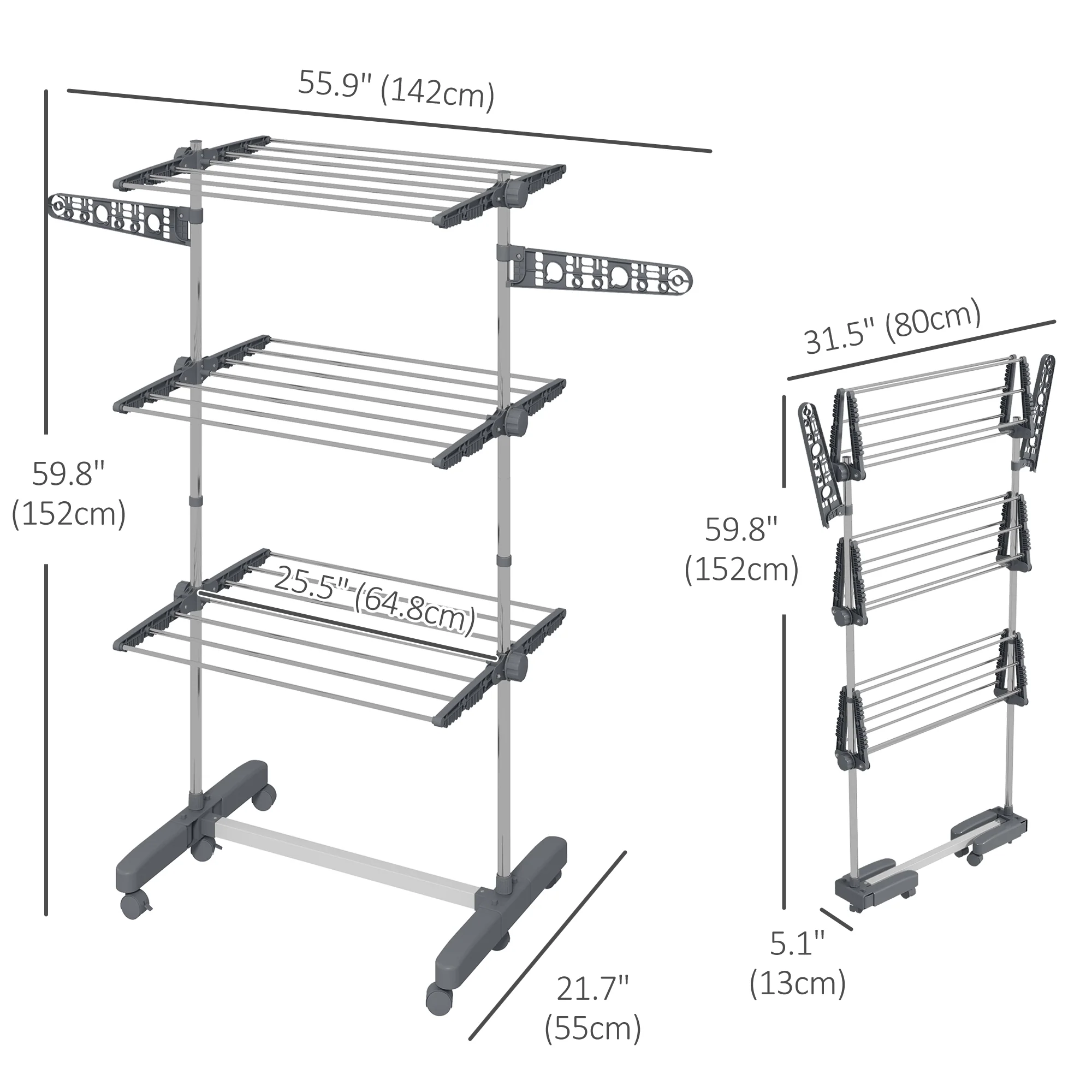 Foldable Clothes Drying Rack, 3-Tier Laundry Rack with 2 Side Wings and 6 Castors, Grey - Image 5