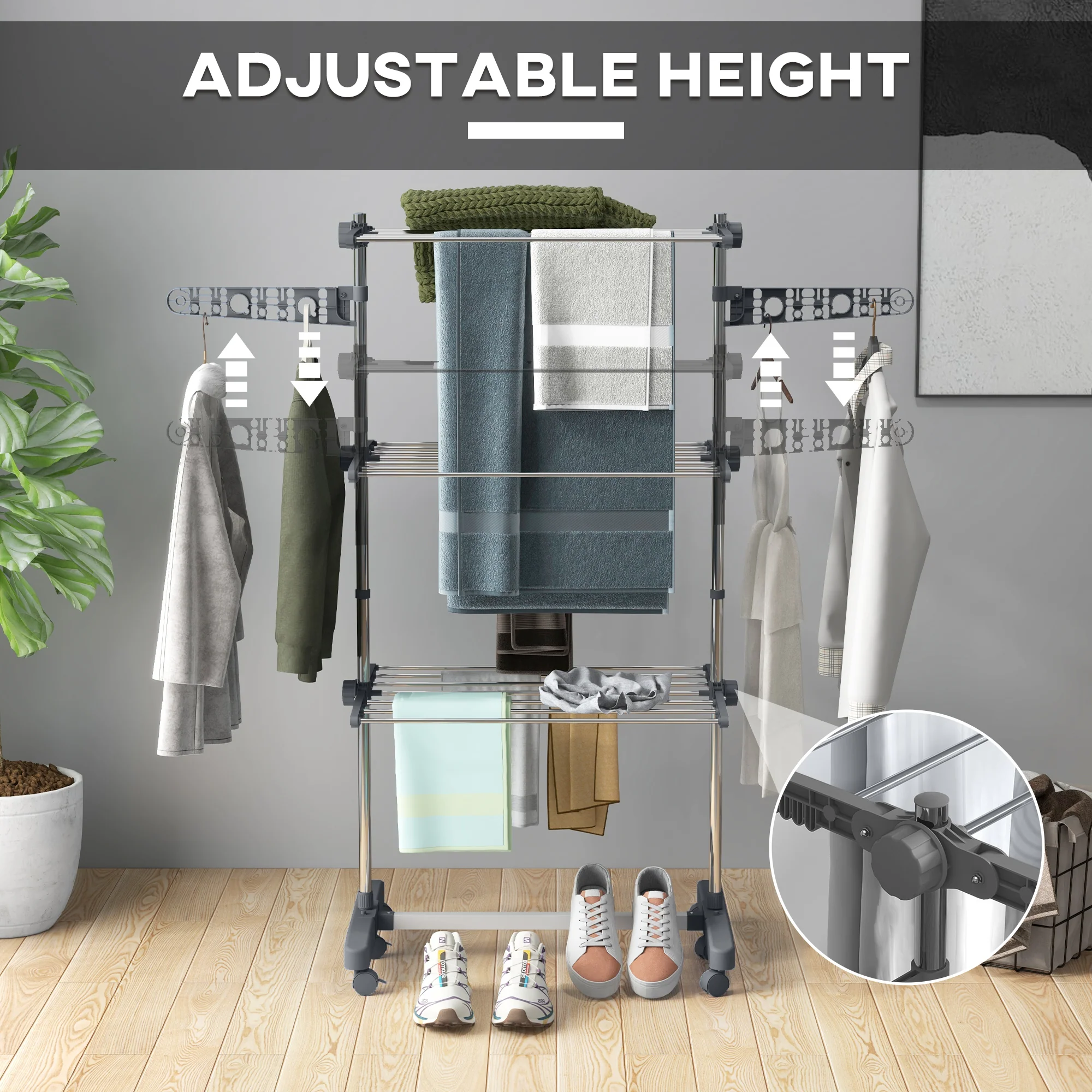 Foldable Clothes Drying Rack, 3-Tier Laundry Rack with 2 Side Wings and 6 Castors, Grey - Image 6