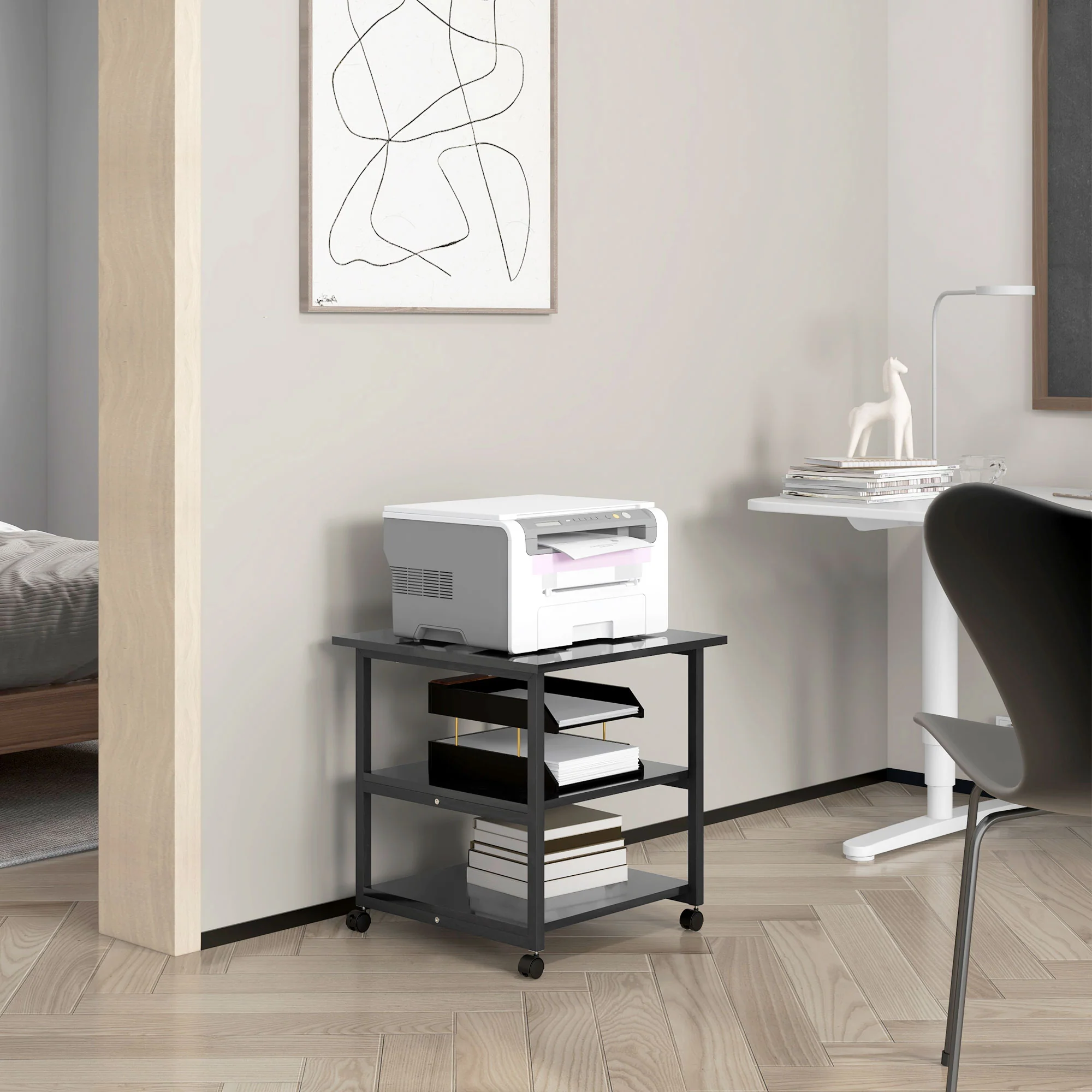 3-Tier Mobile Printer Stand with Storage Shelf for Home Office, 50 x 50 x 52.5cm, Black - Image 9