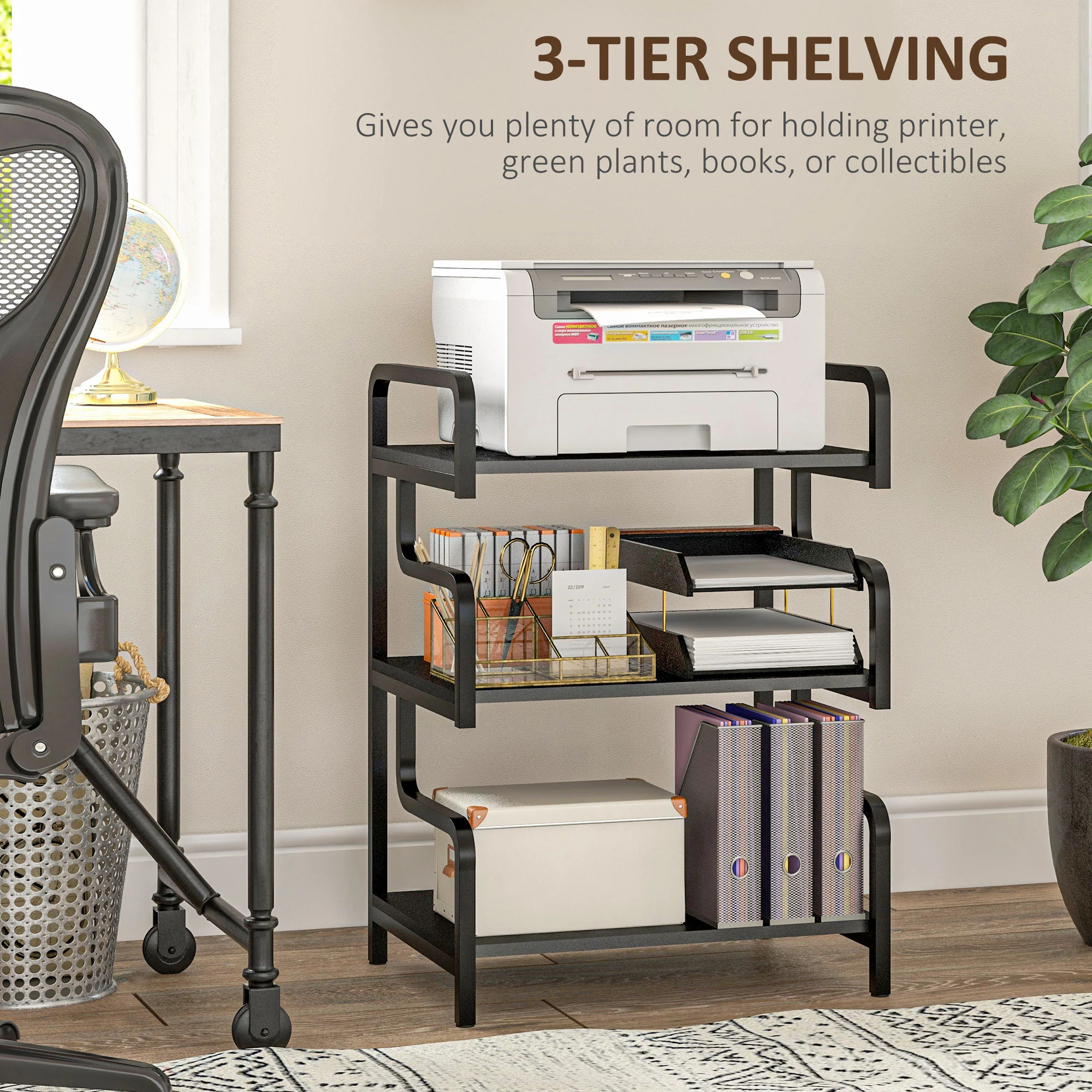 3-Tier Printer Stand with Storage Shelves for Home Office, 55 x 40 x 77cm, Black - Image 6