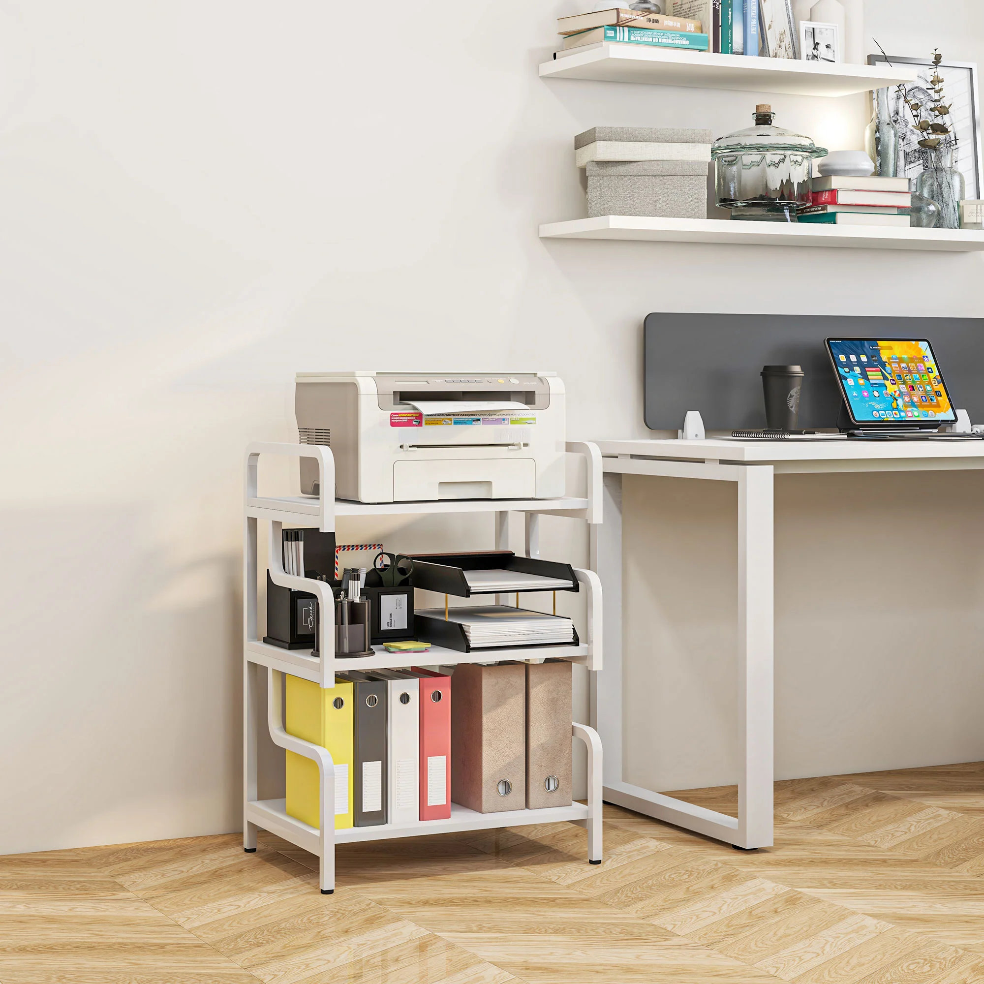 3-Tier Printer Stand with Storage Shelves for Home Office, 55 x 40 x 77cm, White - Image 4