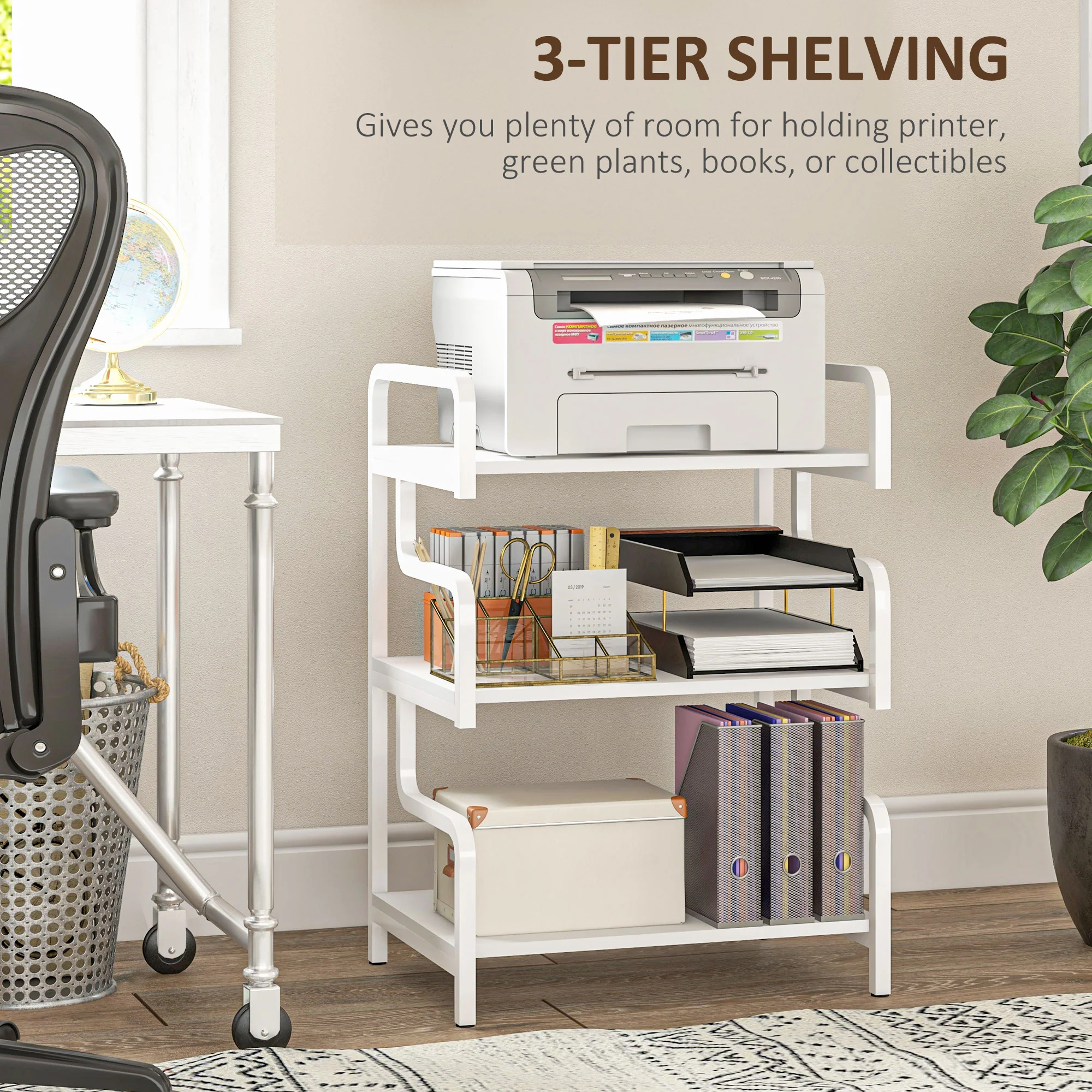 3-Tier Printer Stand with Storage Shelves for Home Office, 55 x 40 x 77cm, White - Image 6