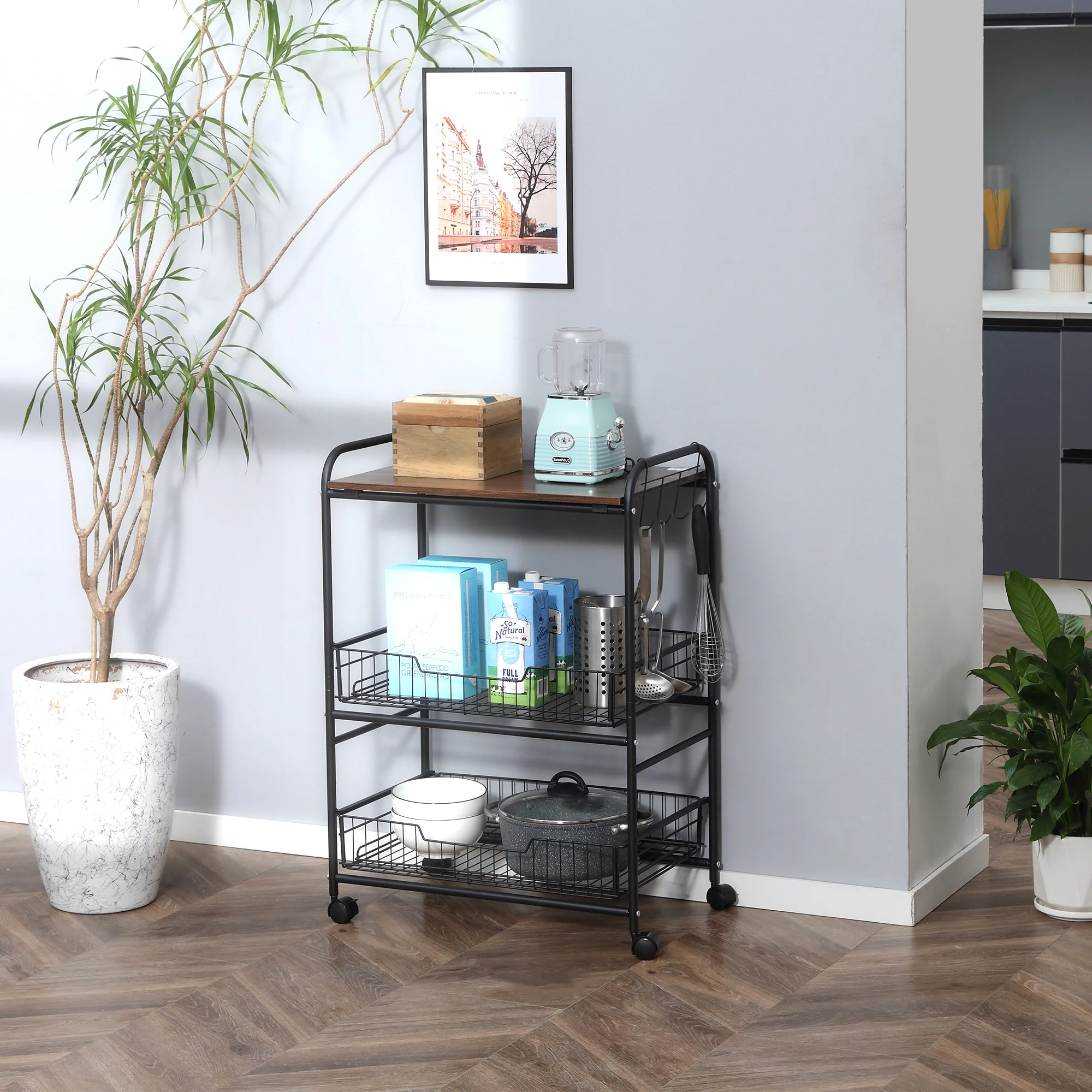 3-Tier Rolling Kitchen Cart with Storage, 2 Sliding Fruit Baskets & Side Hooks, Walnut - Image 4