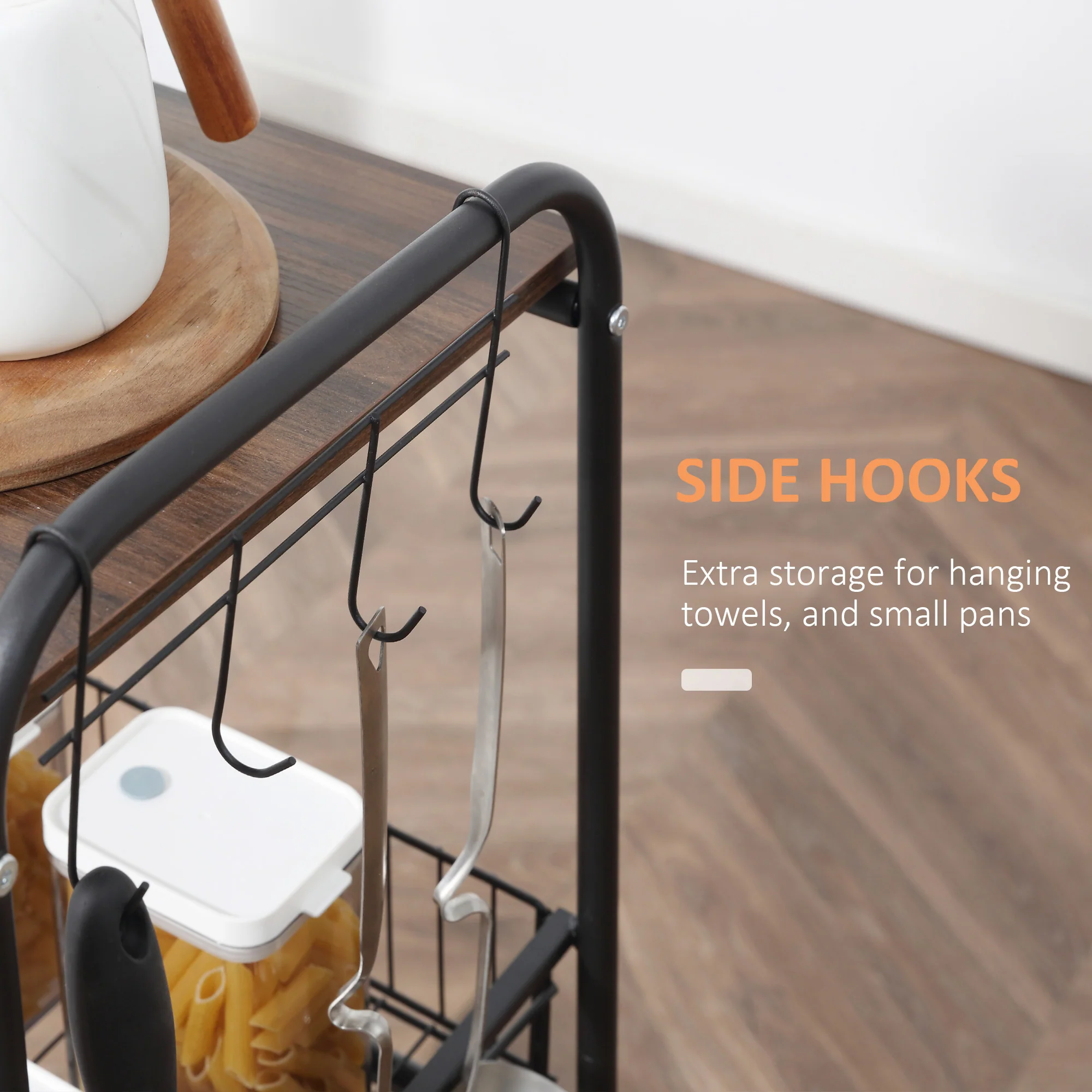 3-Tier Rolling Kitchen Cart with Storage, 2 Sliding Fruit Baskets & Side Hooks, Walnut - Image 9