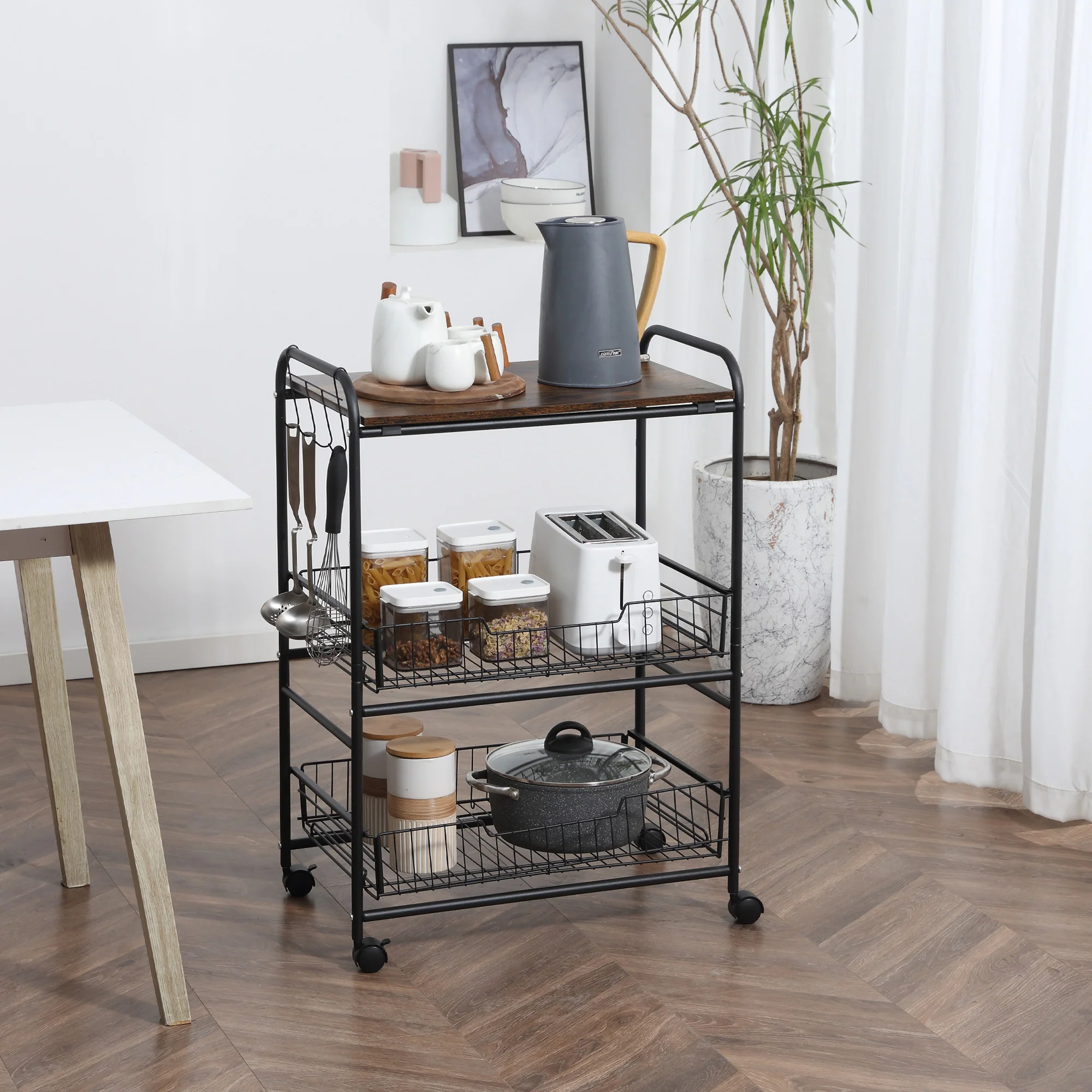 3-Tier Rolling Kitchen Cart with Storage, 2 Sliding Fruit Baskets & Side Hooks, Brown - Image 3