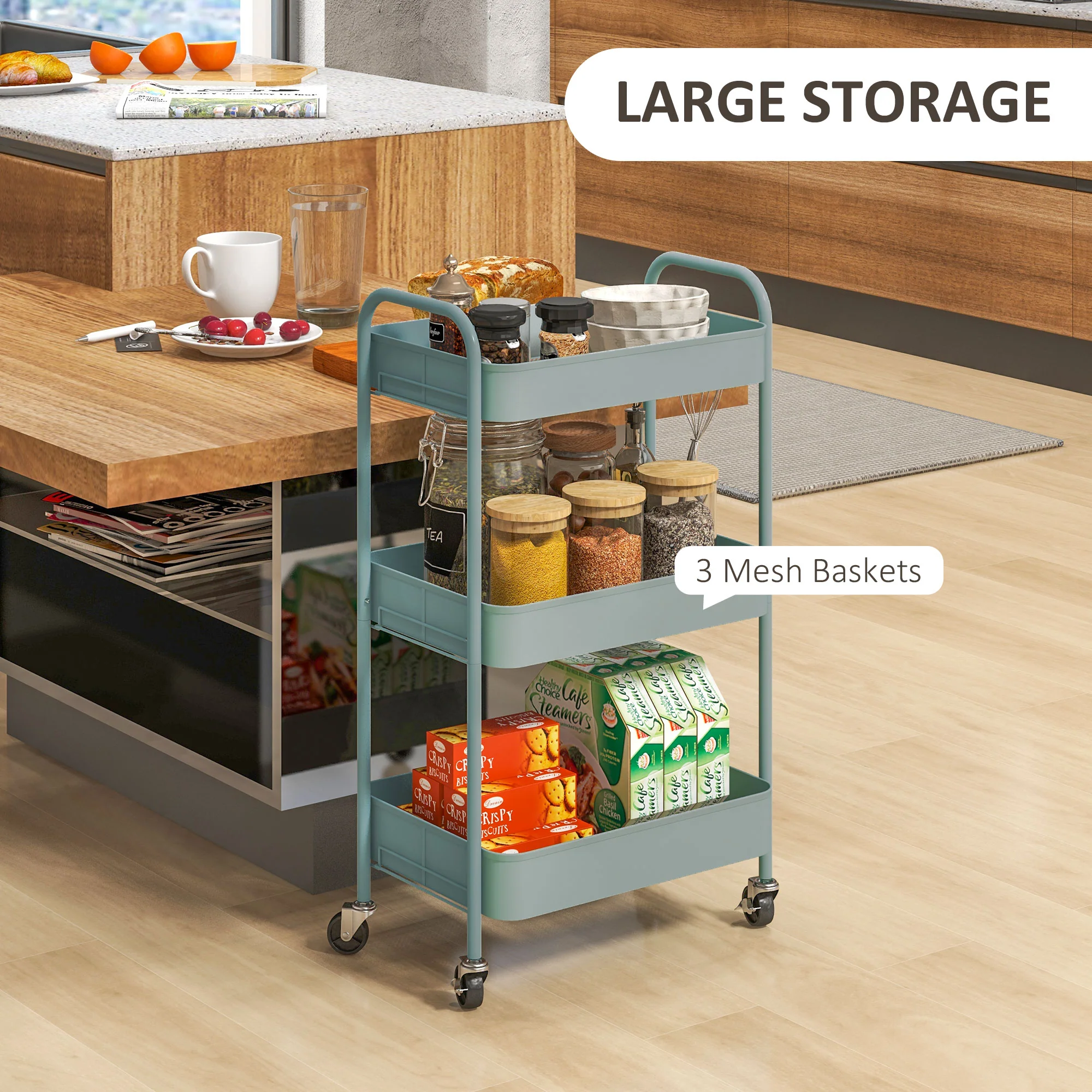 3-tier Storage Trolley, Rolling Utility Cart with Mesh Baskets for Living Room, Light Blue - Image 6