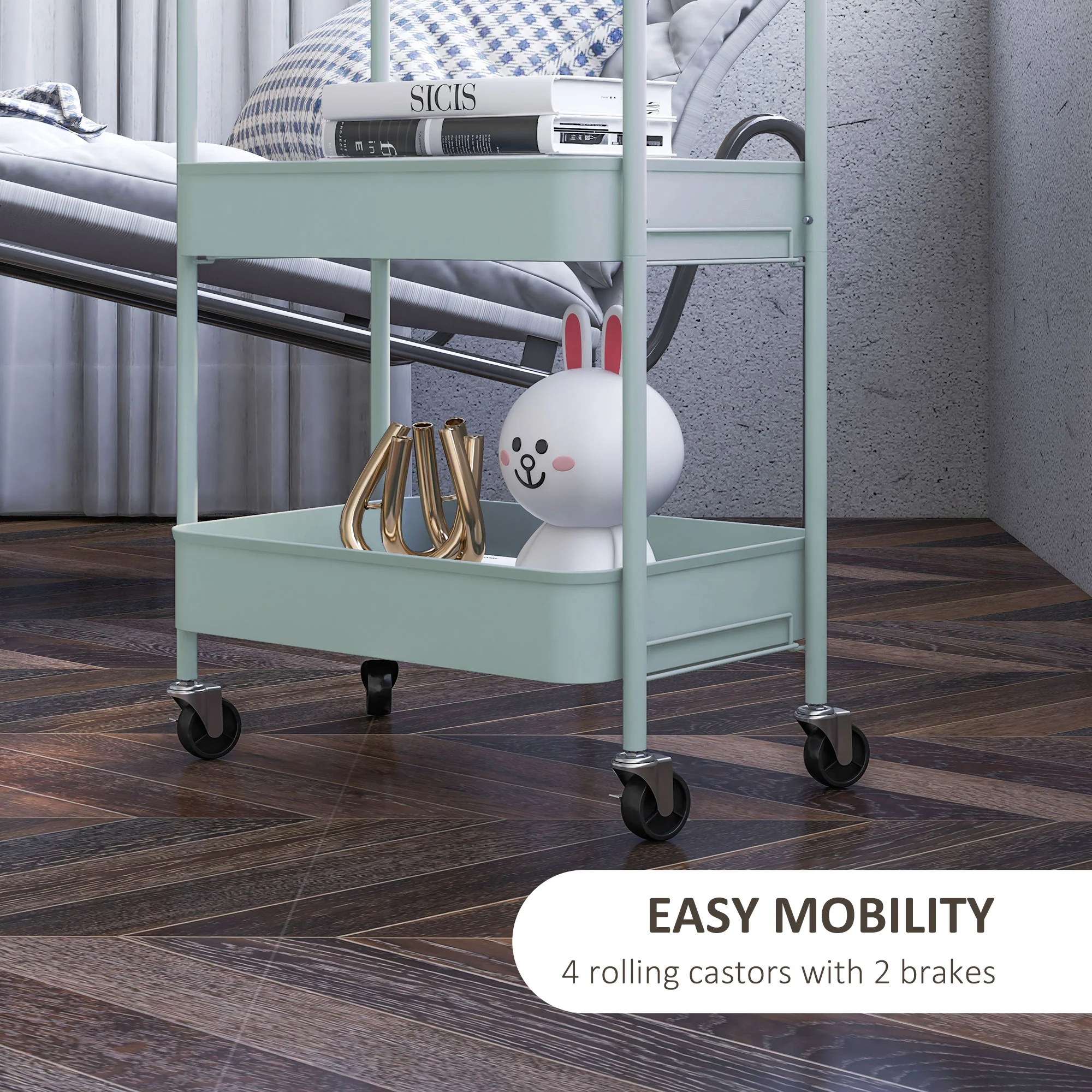 3-tier Storage Trolley, Rolling Utility Cart with Mesh Baskets for Living Room, Light Blue - Image 7