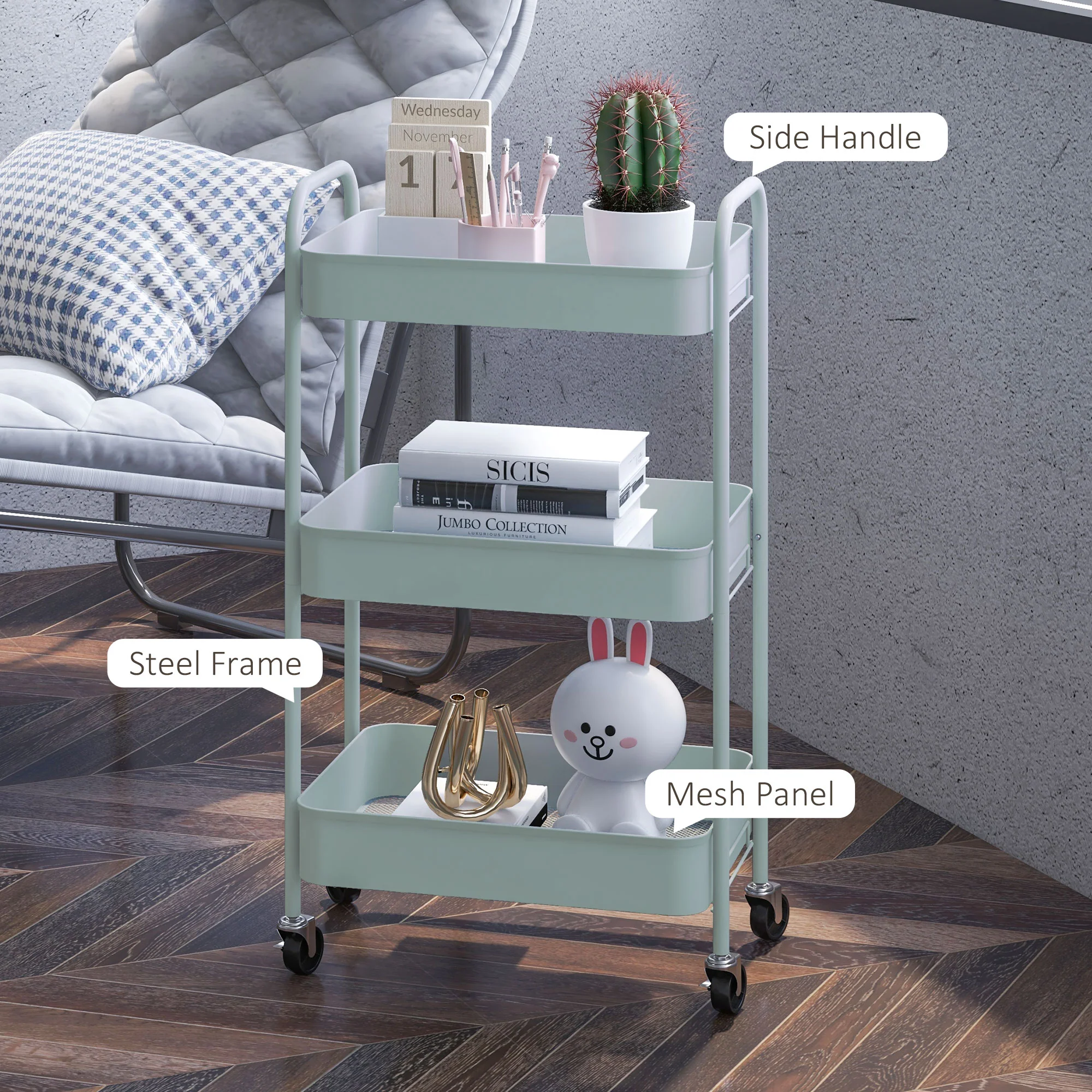 3-tier Storage Trolley, Rolling Utility Cart with Mesh Baskets for Living Room, Light Blue - Image 8