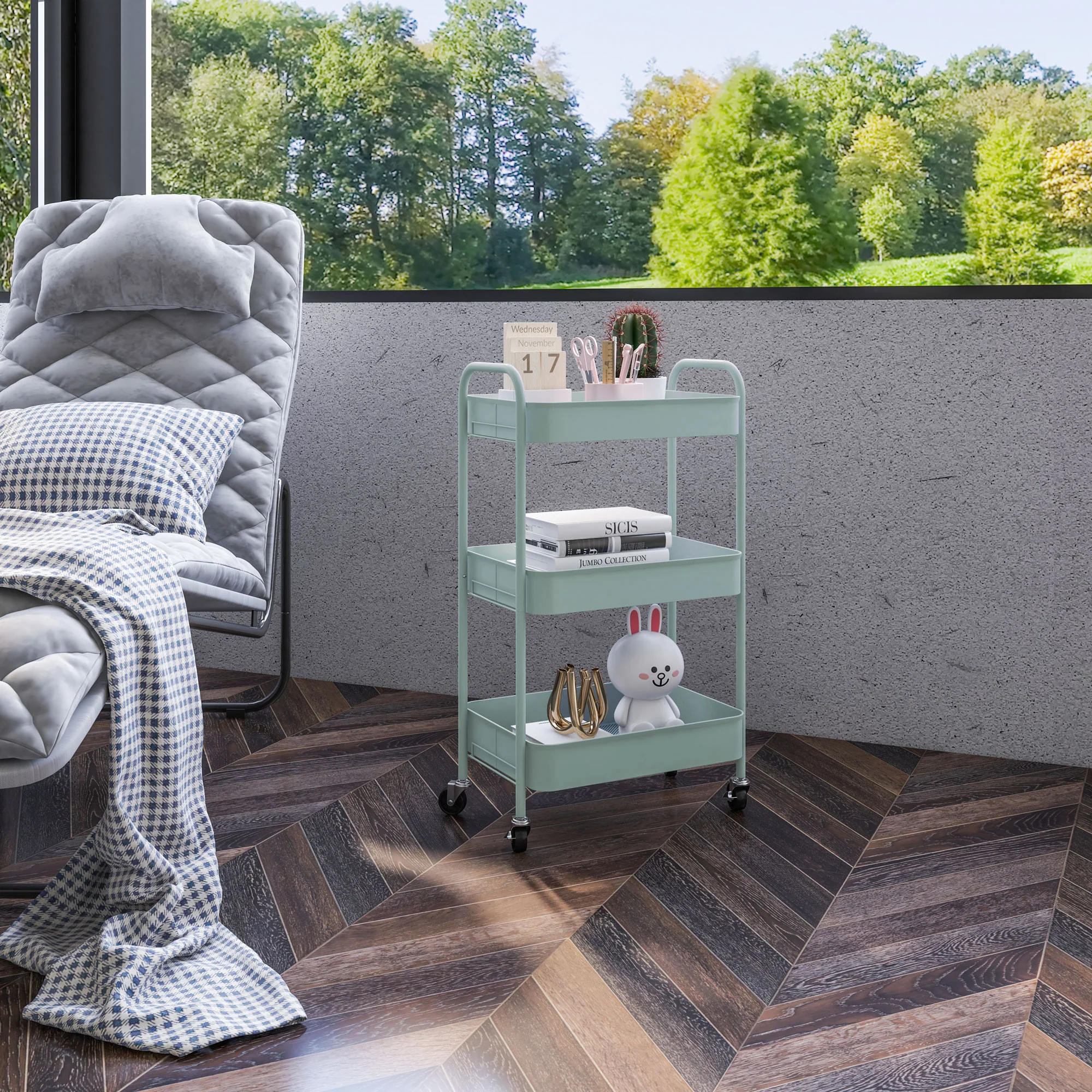 3-tier Storage Trolley, Rolling Utility Cart with Mesh Baskets for Living Room, Light Blue - Image 9