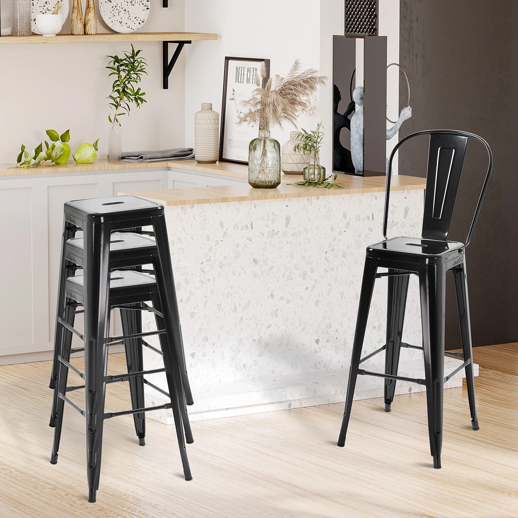 Set of 4 Bar Stools, 30" Stacking Metal for Kitchen Island, Black - Image 6