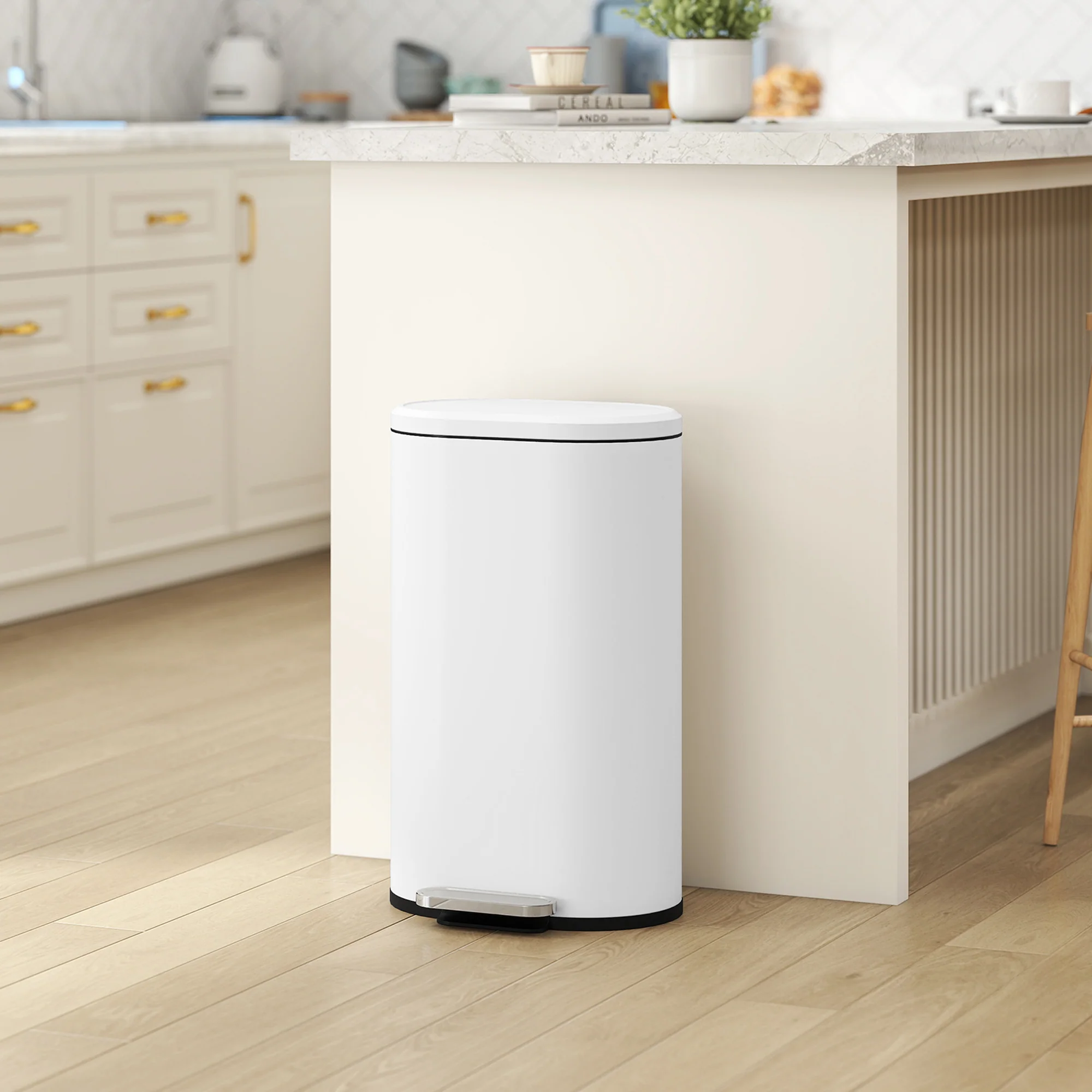 30L Kitchen Bin with 90° Stay-Open Lid, Slim Rectangular Pedal Bin with Soft-Close Lid, Removable Inner Bucket for Home Office, Fingerprint-Resistant, White - Image 10