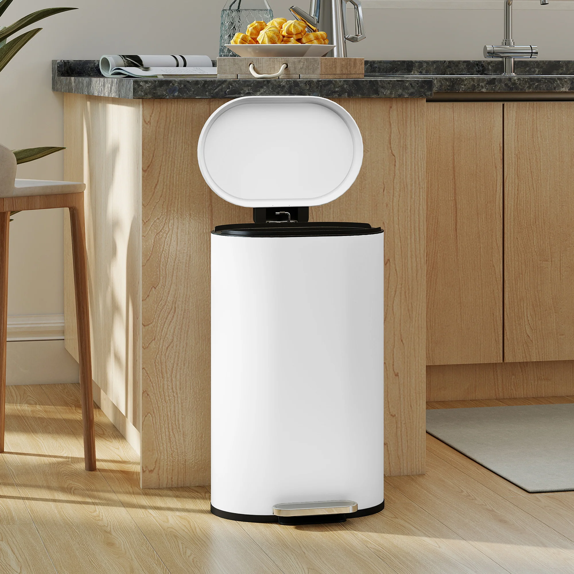 30L Kitchen Bin with 90° Stay-Open Lid, Slim Rectangular Pedal Bin with Soft-Close Lid, Removable Inner Bucket for Home Office, Fingerprint-Resistant, White - Image 3
